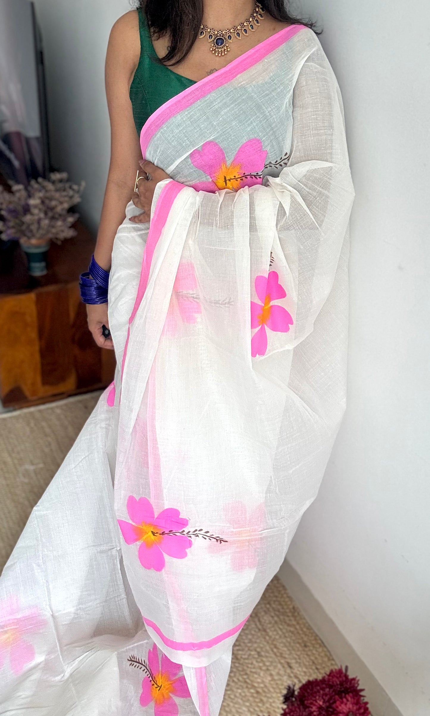Ivory soft cotton with painted hibiscus flowers in bright pink - YCON25BCSC47