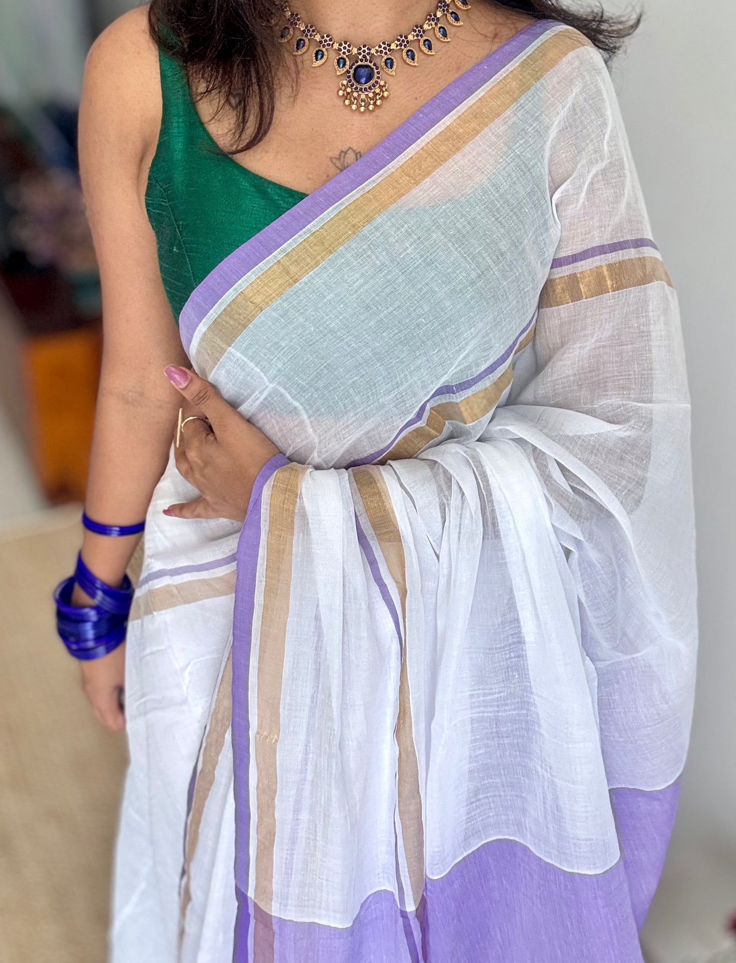 White with violet and gold stripe border, mul cotton - YCON25BCM17