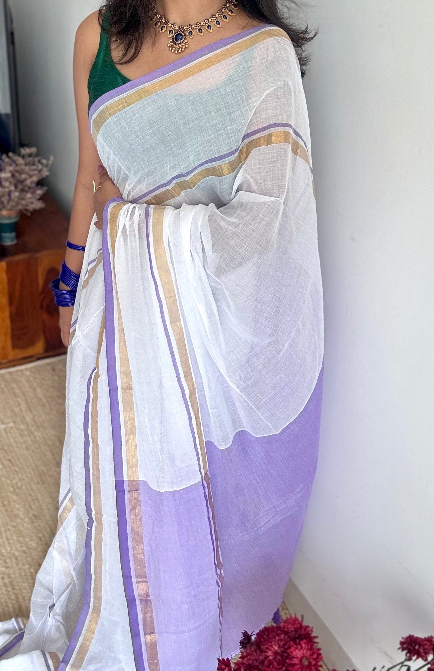 White with violet and gold stripe border, mul cotton - YCON25BCM17