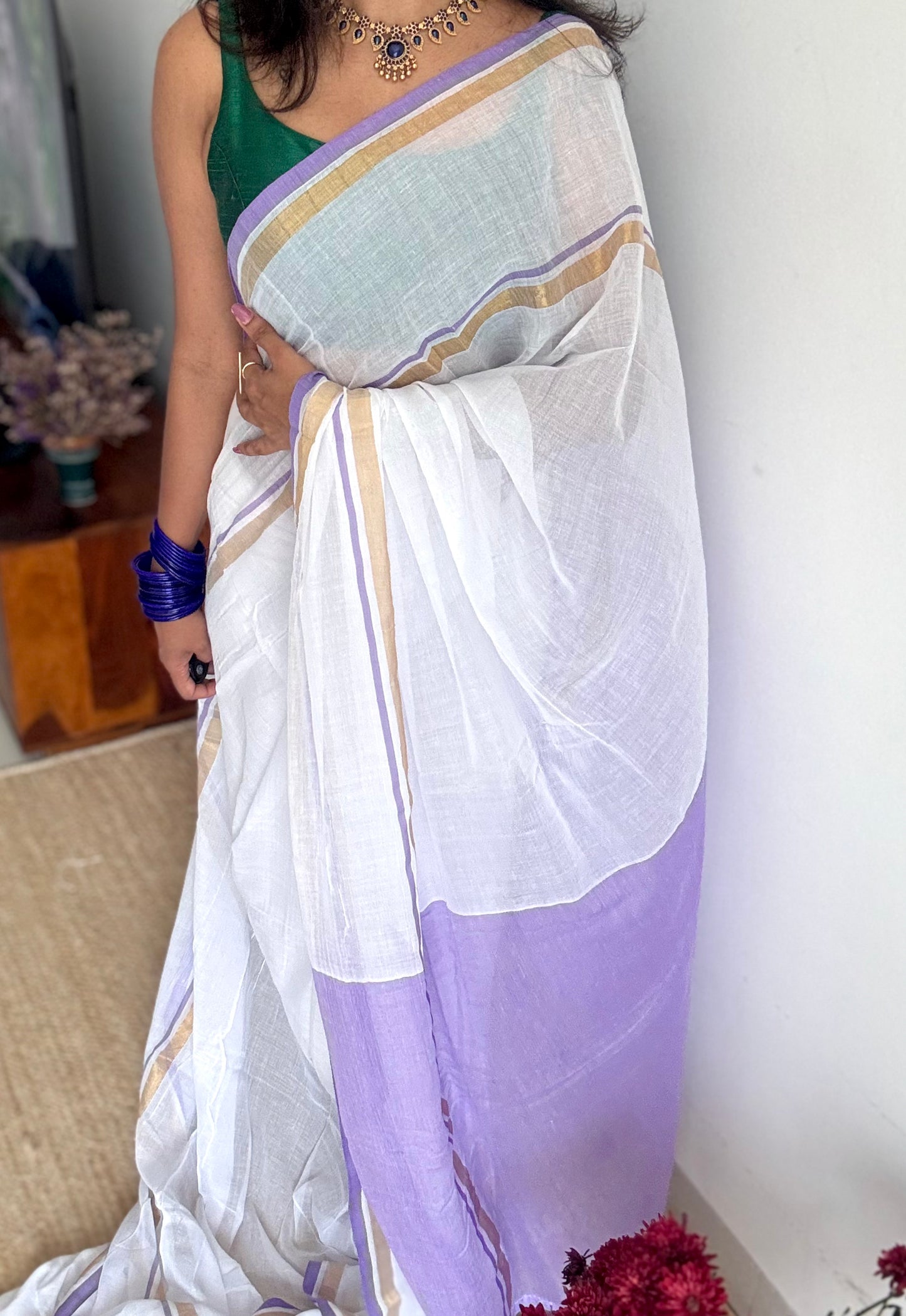 White with violet and gold stripe border, mul cotton - YCON25BCM17