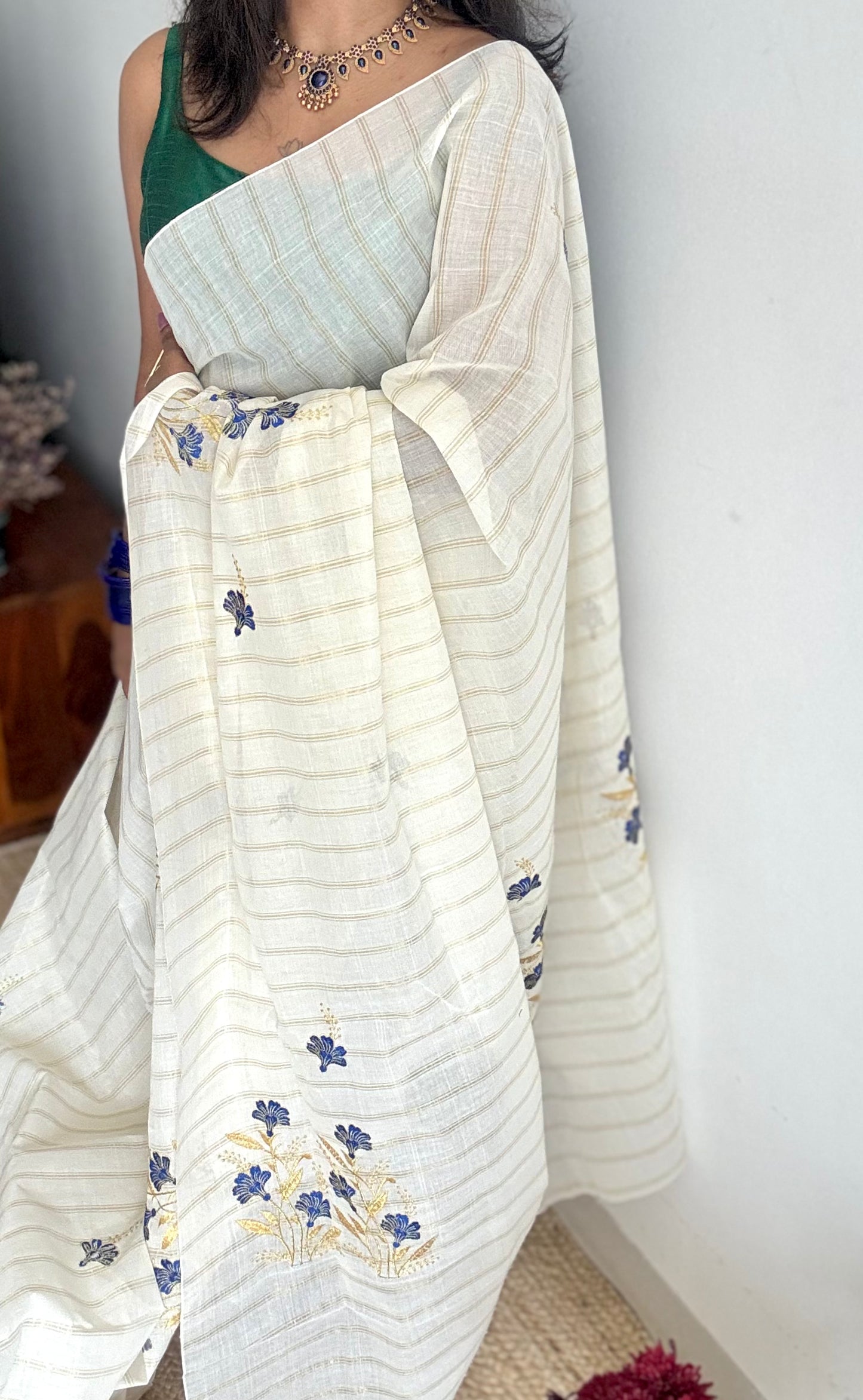Ivory and gold with blue flower embroidery, striped zari, kerala cotton - YCON25KCSFE73