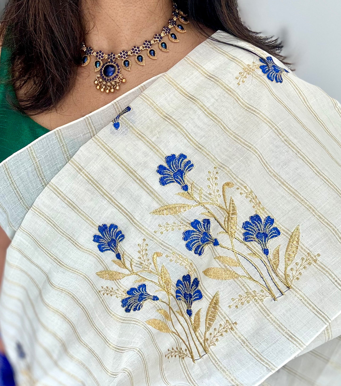 Ivory and gold with blue flower embroidery, striped zari, kerala cotton - YCON25KCSFE73