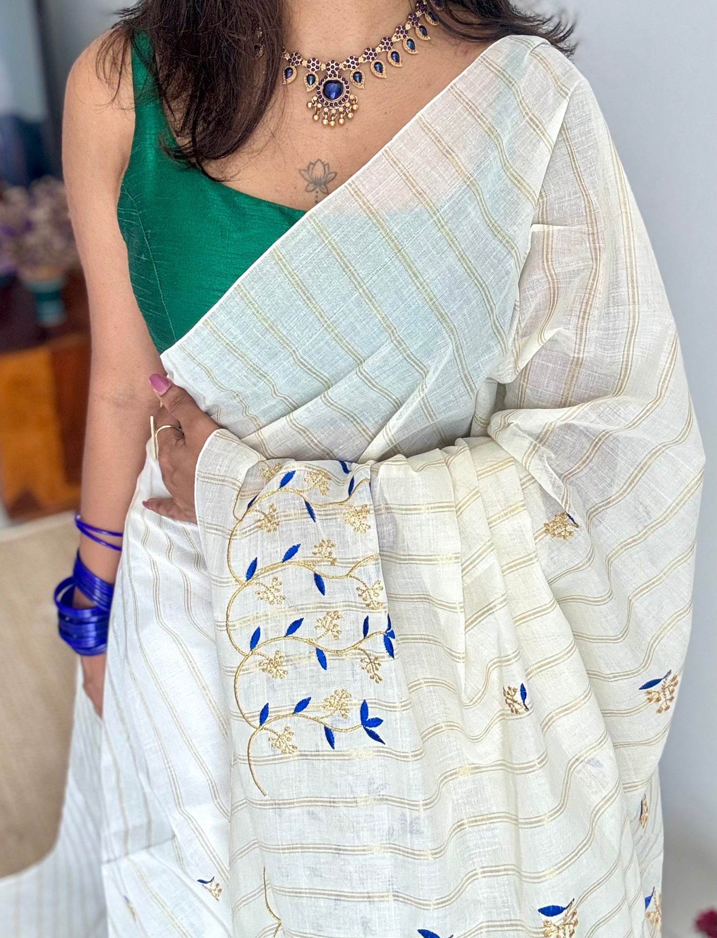 Ivory and gold with blue small flower embroidery, striped zari, kerala cotton - YCON25KCSFE75