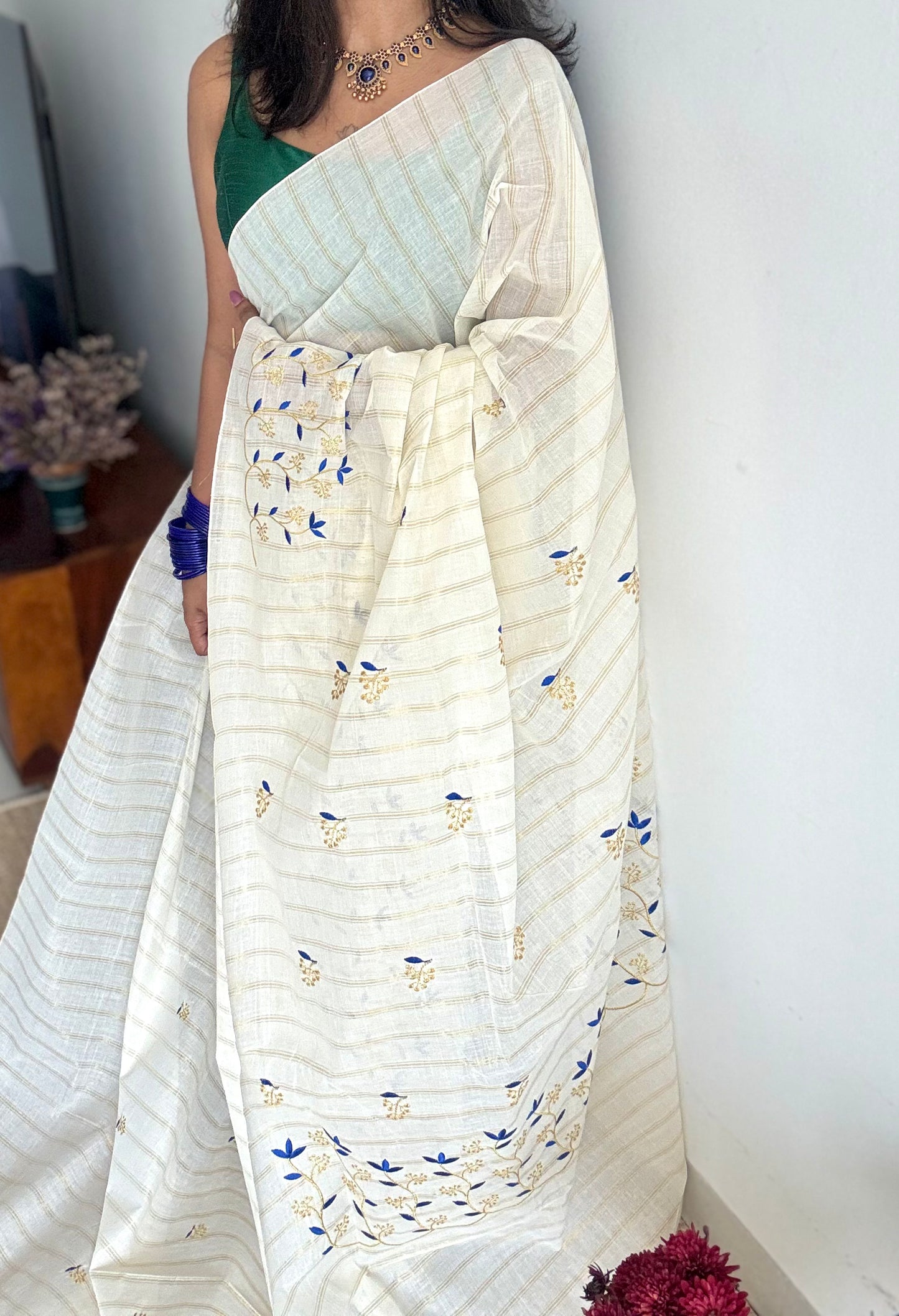 Ivory and gold with blue small flower embroidery, striped zari, kerala cotton - YCON25KCSFE75