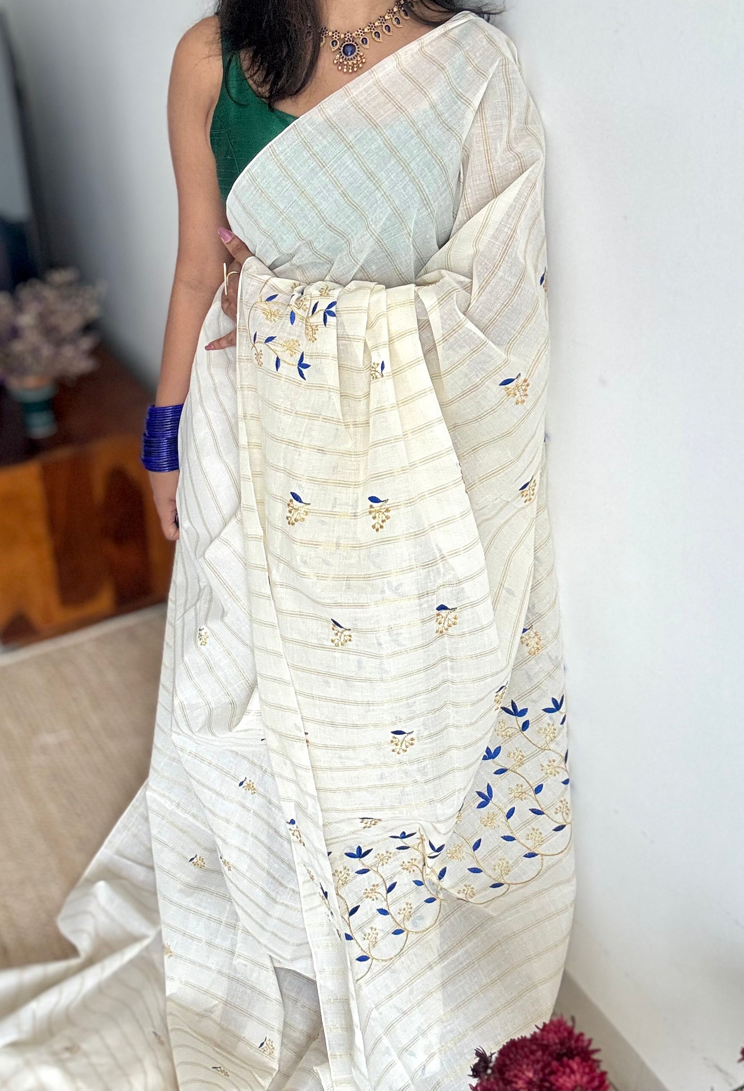 Ivory and gold with blue small flower embroidery, striped zari, kerala cotton - YCON25KCSFE75