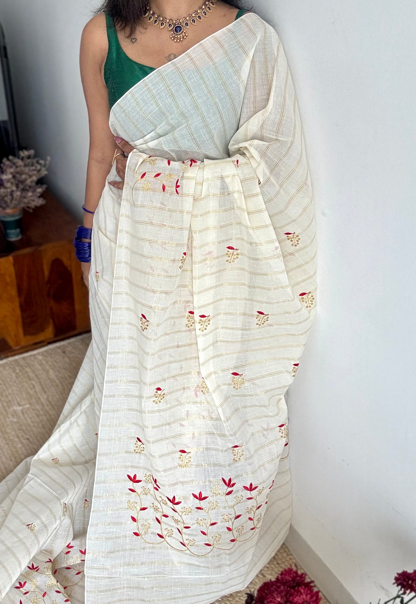 Ivory and gold with red small flower embroidery, striped zari, kerala cotton - YCON25KCSFE74