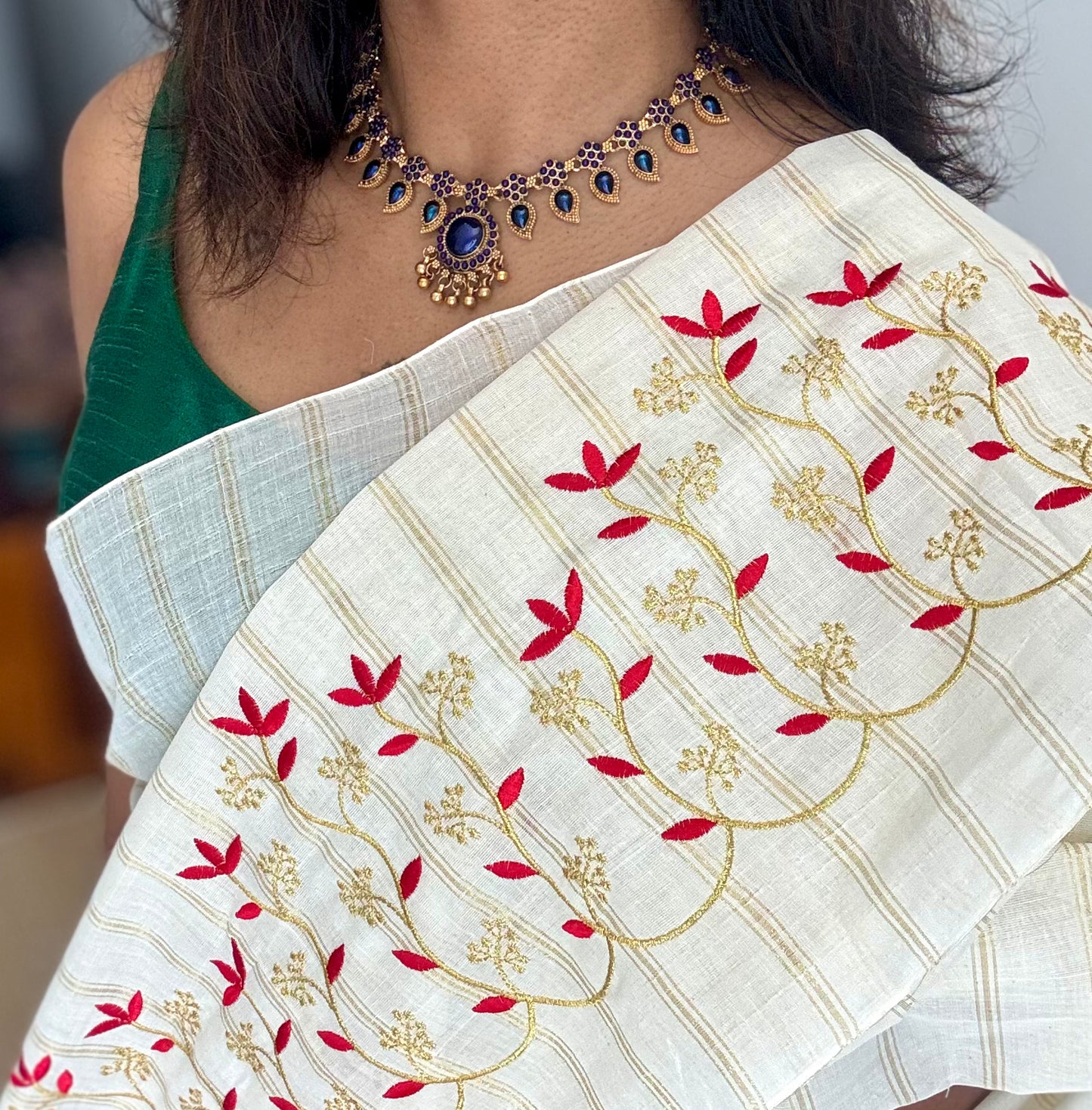 Ivory and gold with red small flower embroidery, striped zari, kerala cotton - YCON25KCSFE74