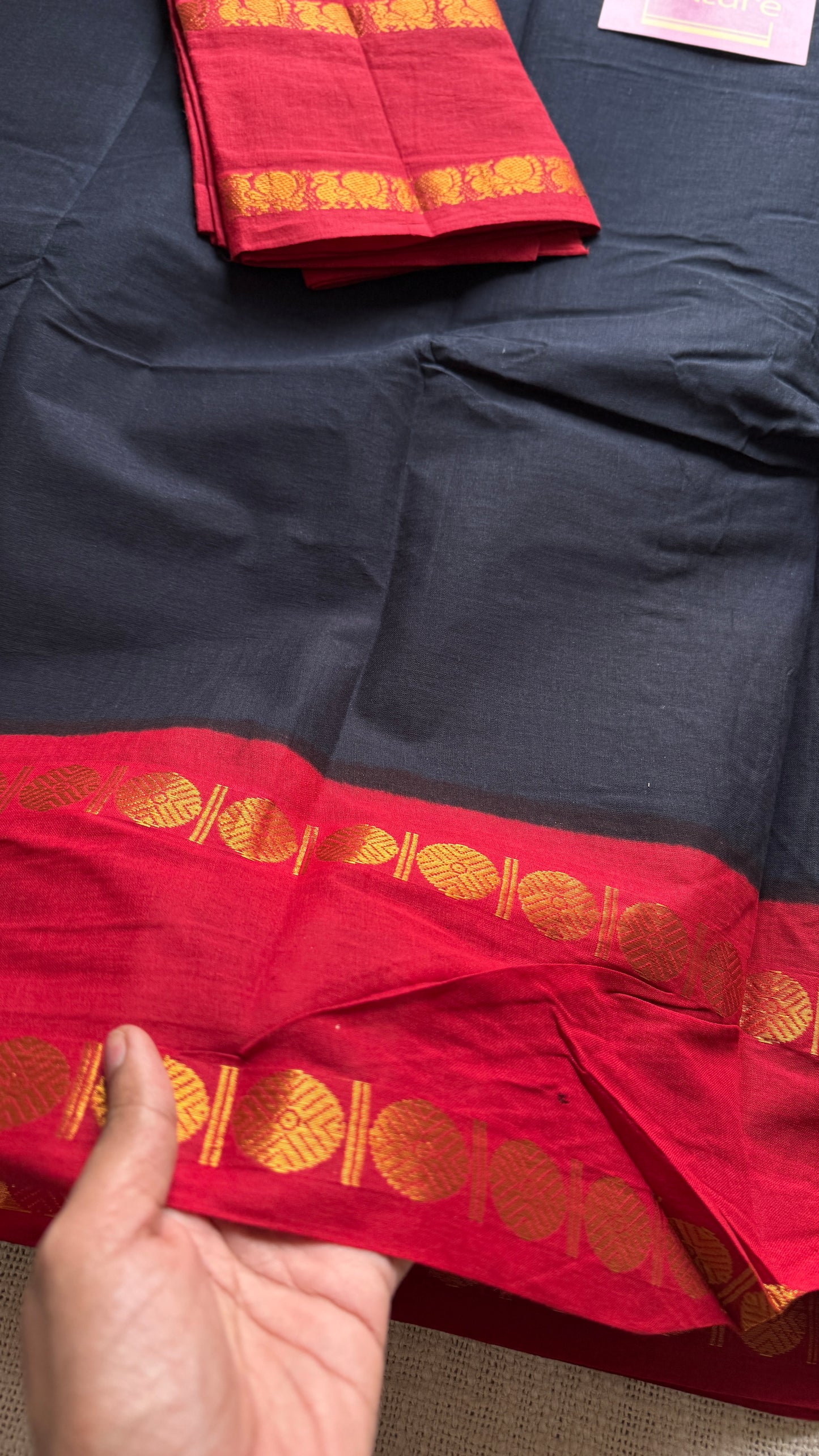 Black with red rudraksham motif border - Madurai Sungudi cotton