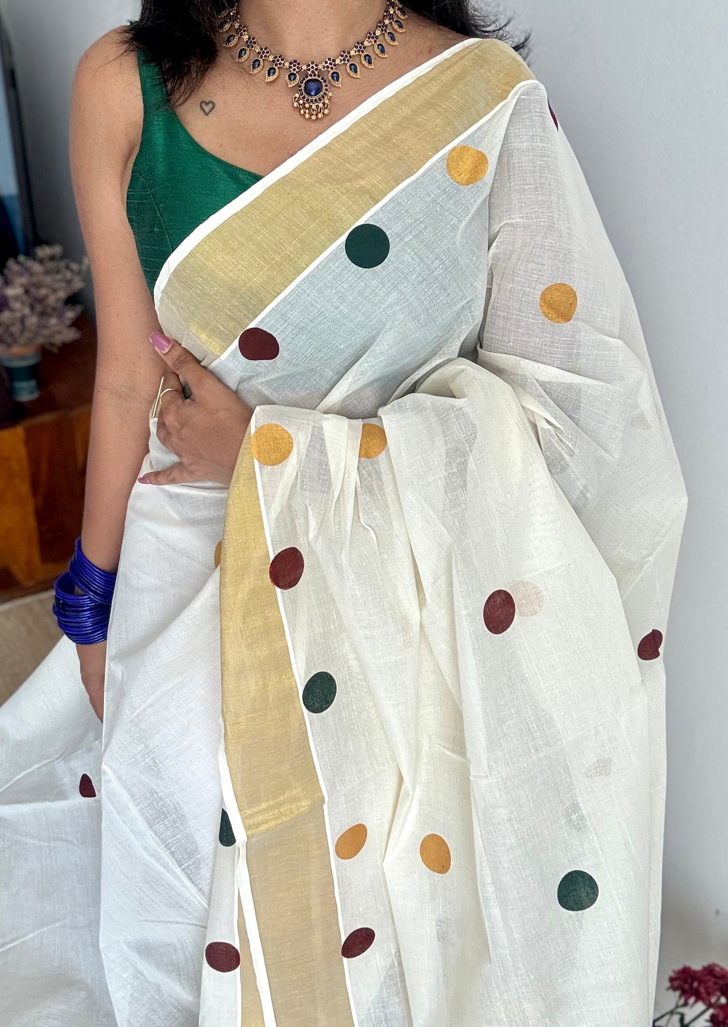Ivory and gold with polka coloured buttas, kerala cotton - YCON25KCPD249