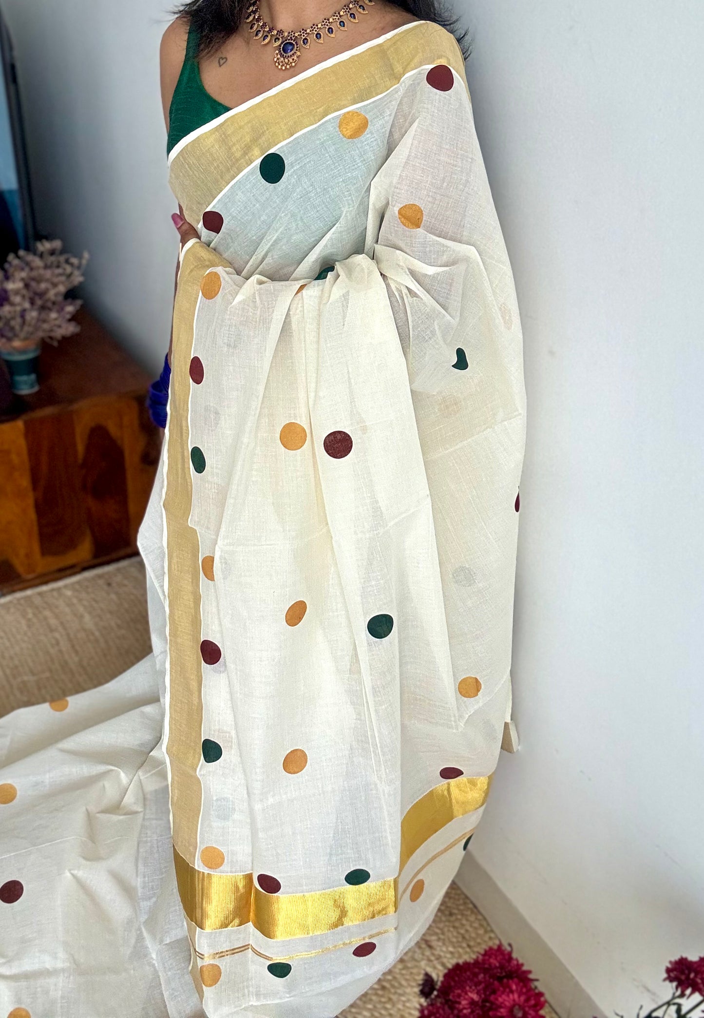 Ivory and gold with polka coloured buttas, kerala cotton - YCON25KCPD249
