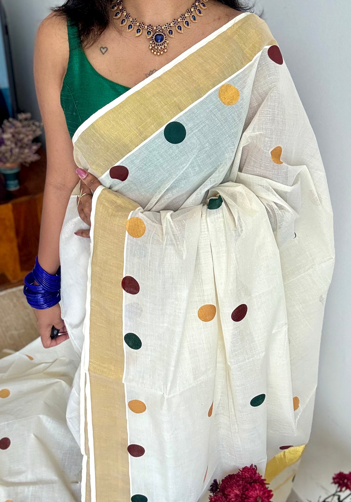 Ivory and gold with polka coloured buttas, kerala cotton - YCON25KCPD249