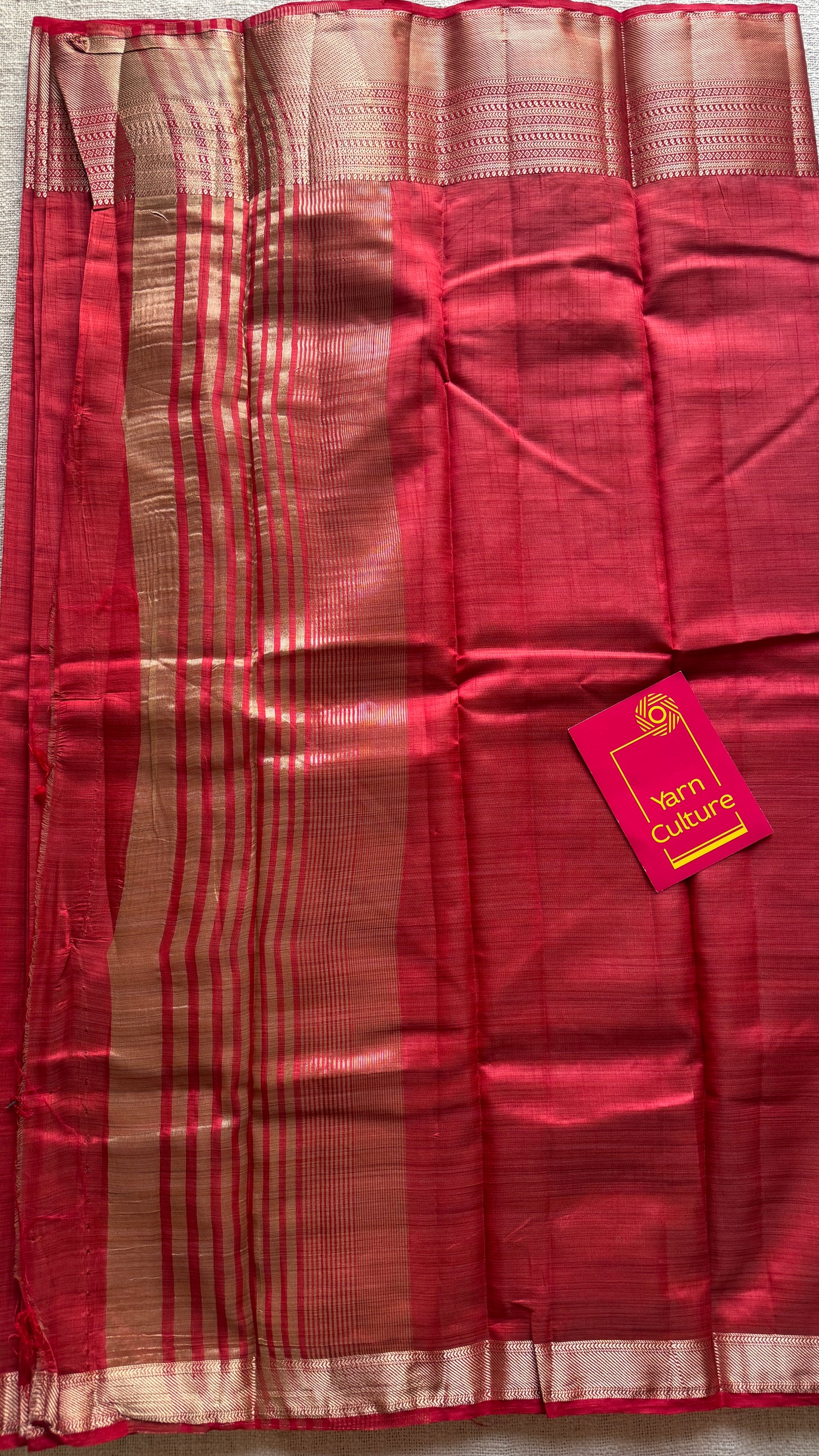 Red with antique gold zari - Semi Raw Silk - YCRT06