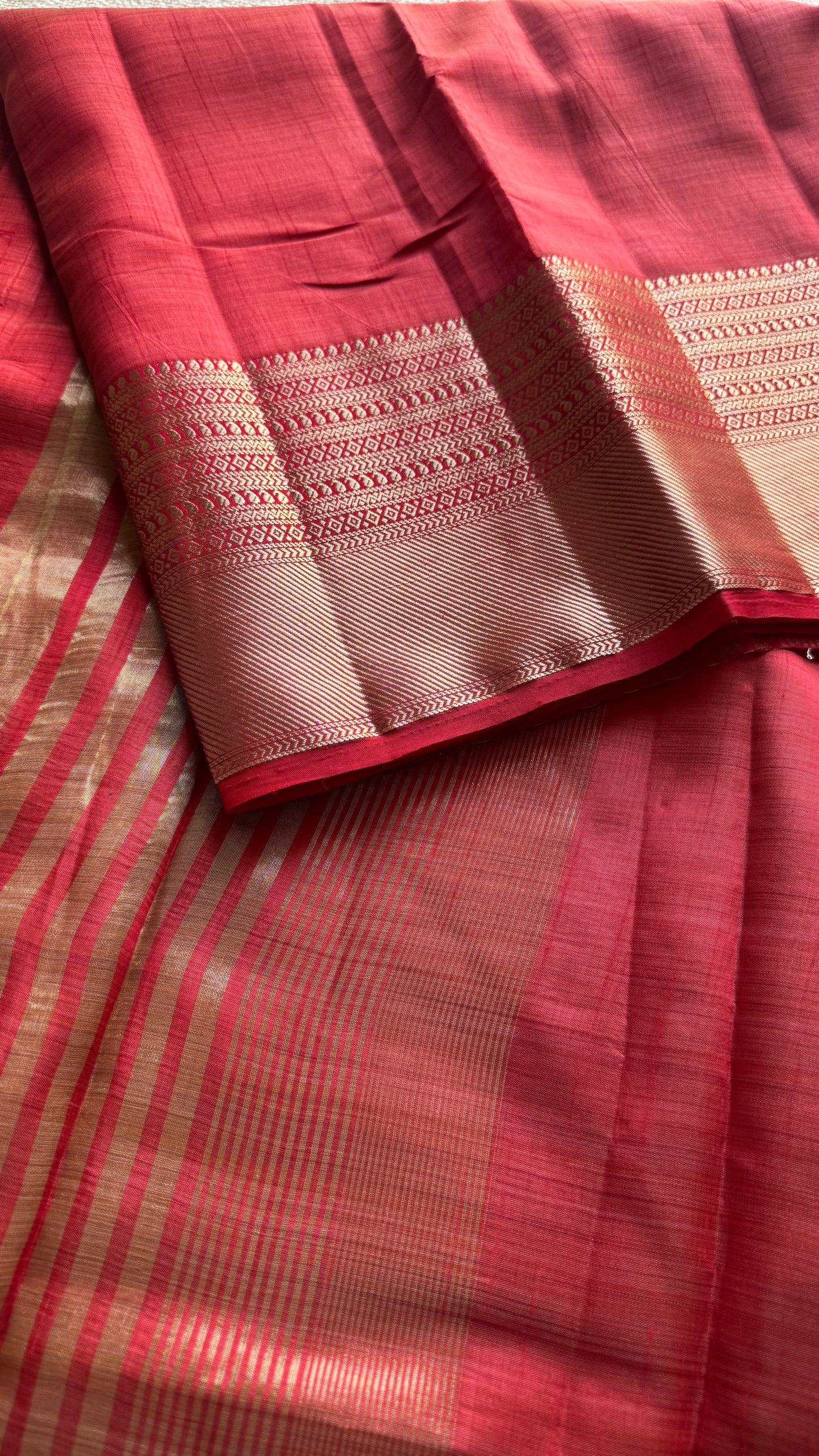 Red with antique gold zari - Semi Raw Silk - YCRT06