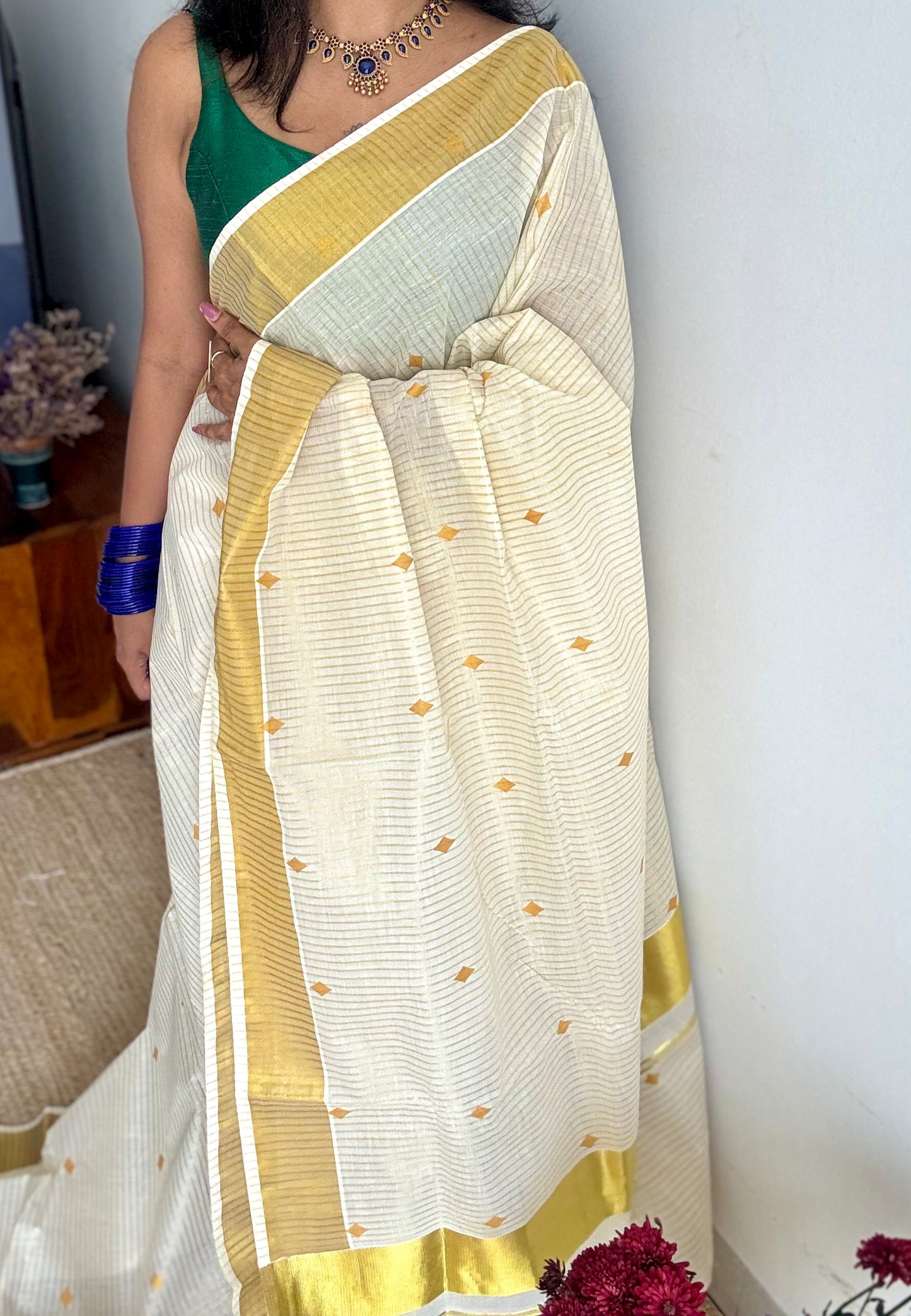 Ivory and gold with buttas, striped zari, kerala tissue cotton - YCON25KCS76