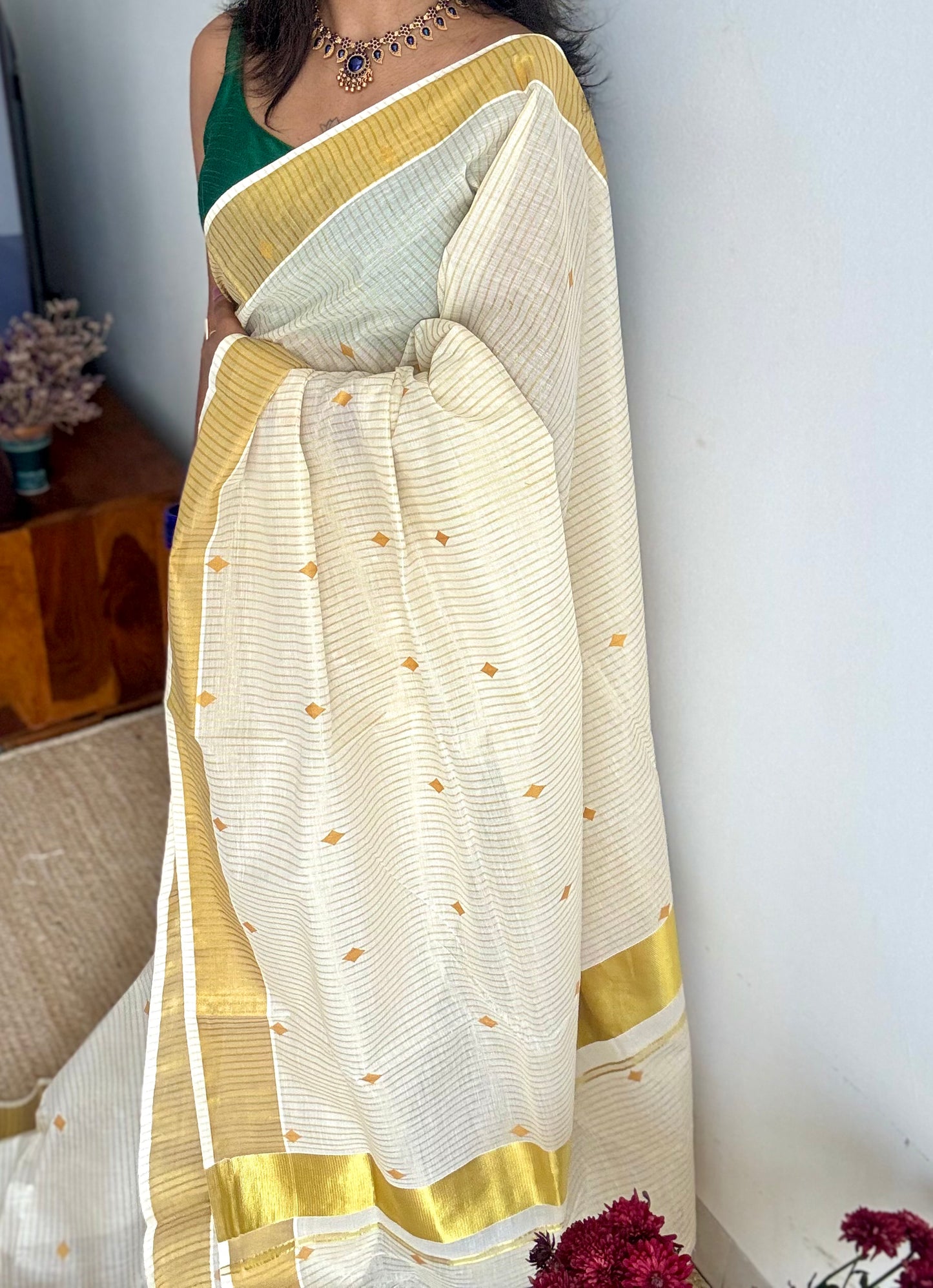 Ivory and gold with buttas, striped zari, kerala tissue cotton - YCON25KCS76