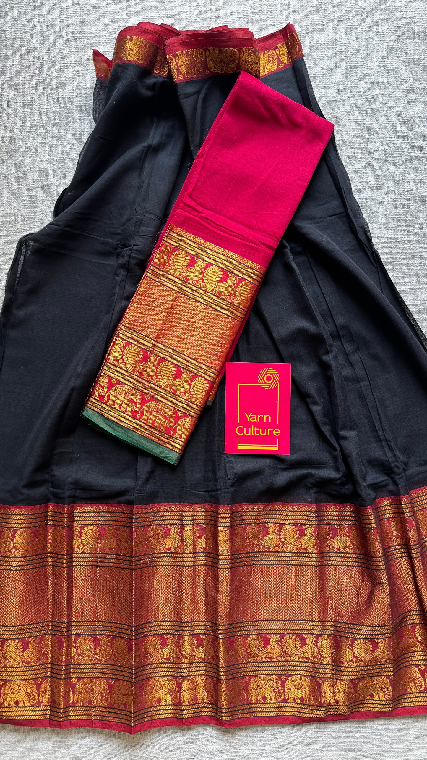 Black - dark pink Narayanpet half saree, unstitched material, soft cotton YCAHSN01