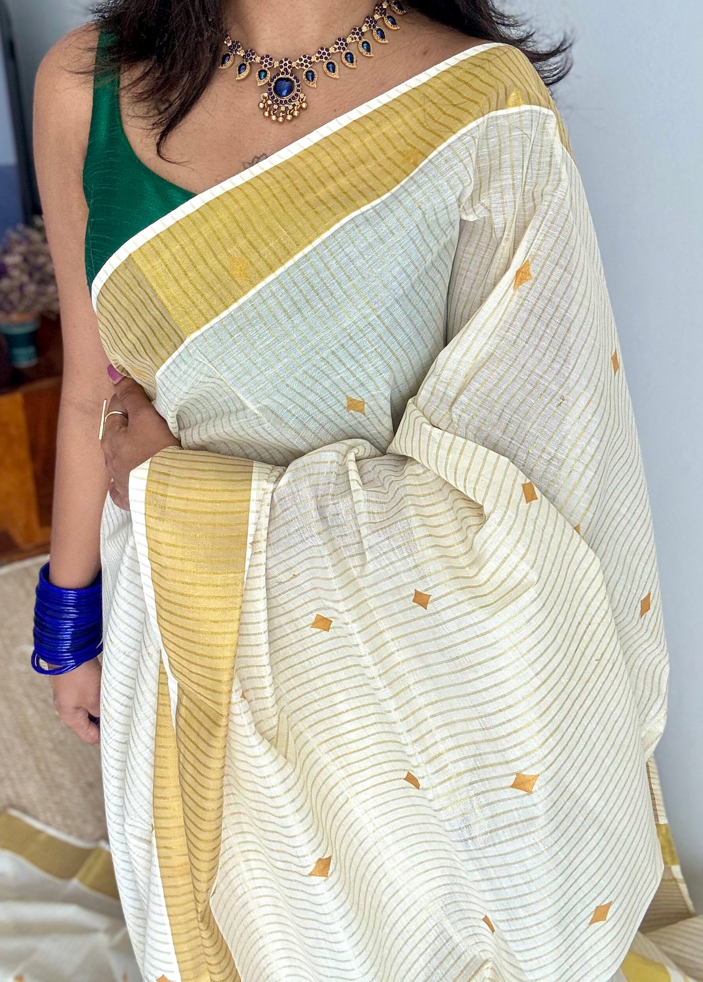Ivory and gold with buttas, striped zari, kerala tissue cotton - YCON25KCS76