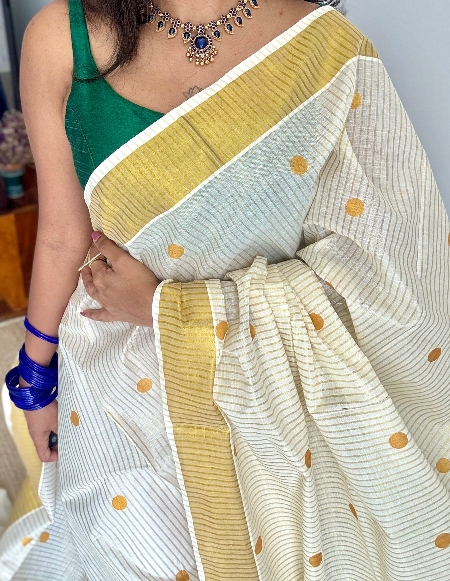 Ivory and gold with polka buttas, striped zari, kerala cotton - YCON25KCSPD77