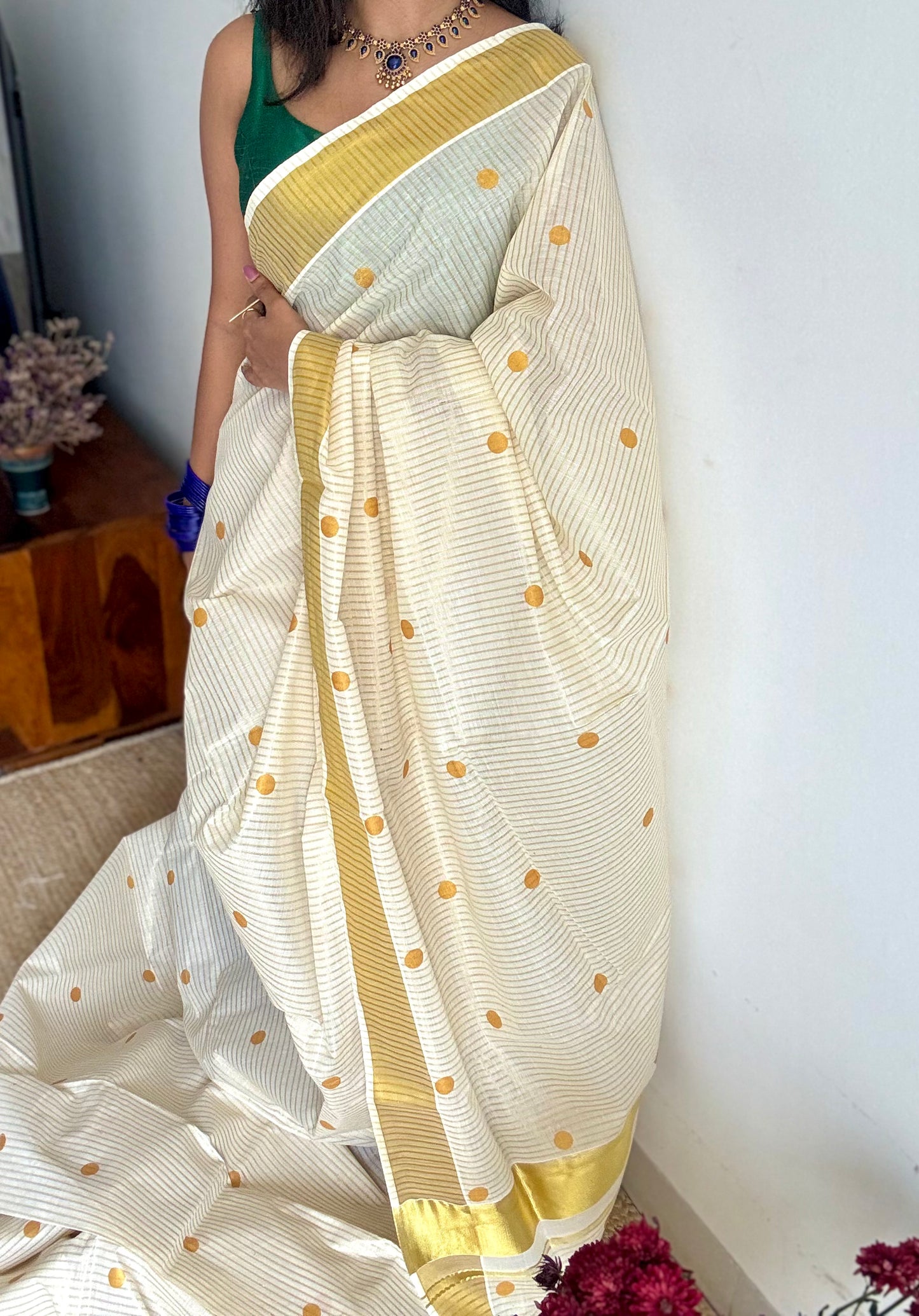 Ivory and gold with polka buttas, striped zari, kerala cotton - YCON25KCSPD77