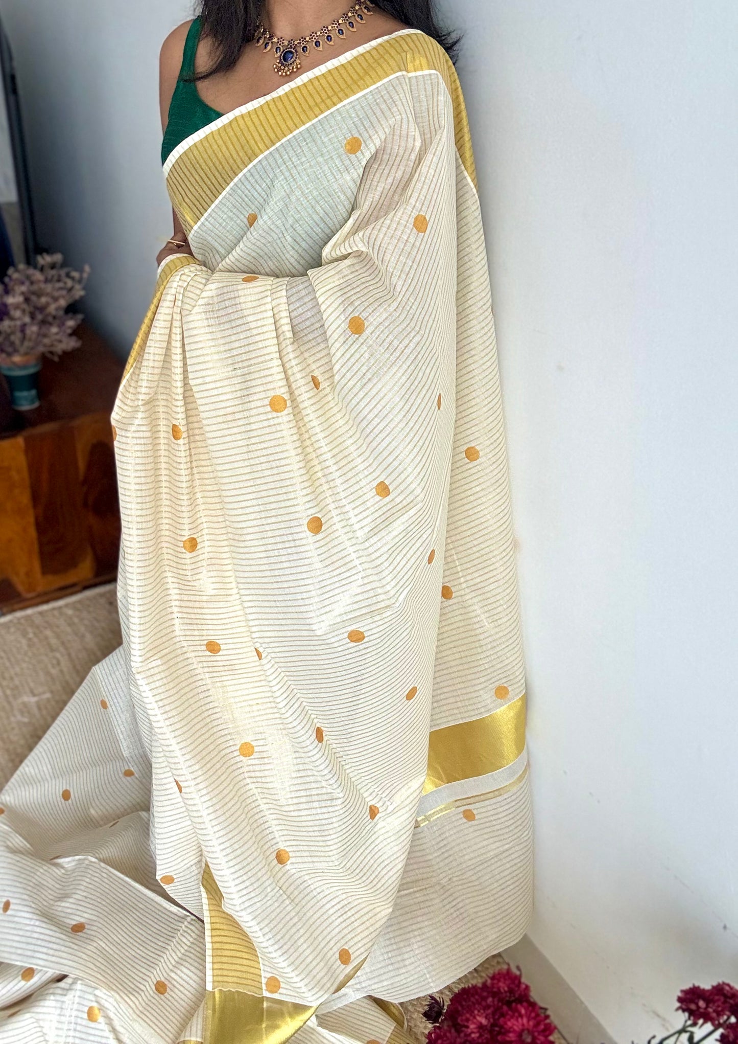 Ivory and gold with polka buttas, striped zari, kerala cotton - YCON25KCSPD77