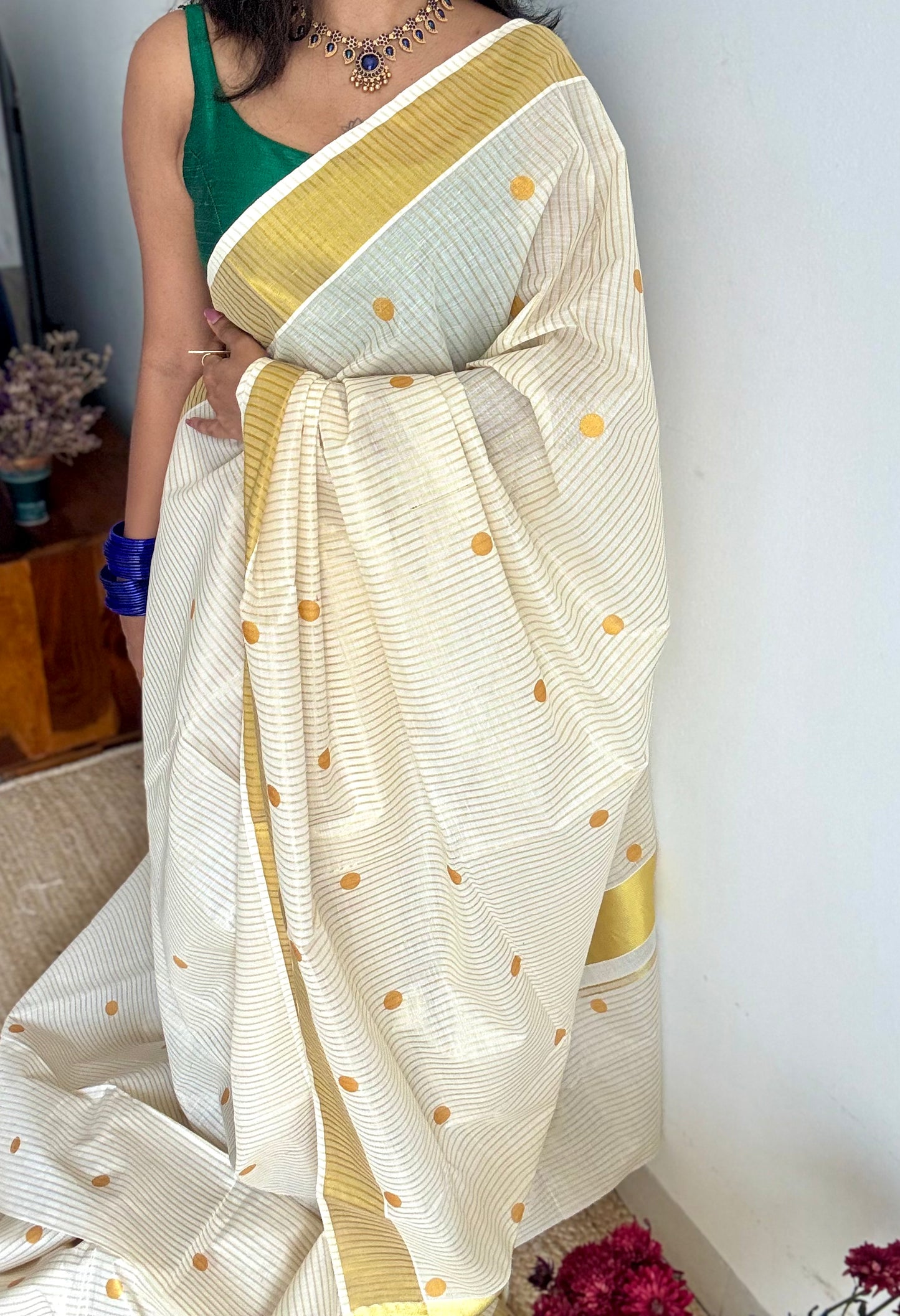 Ivory and gold with polka buttas, striped zari, kerala cotton - YCON25KCSPD77