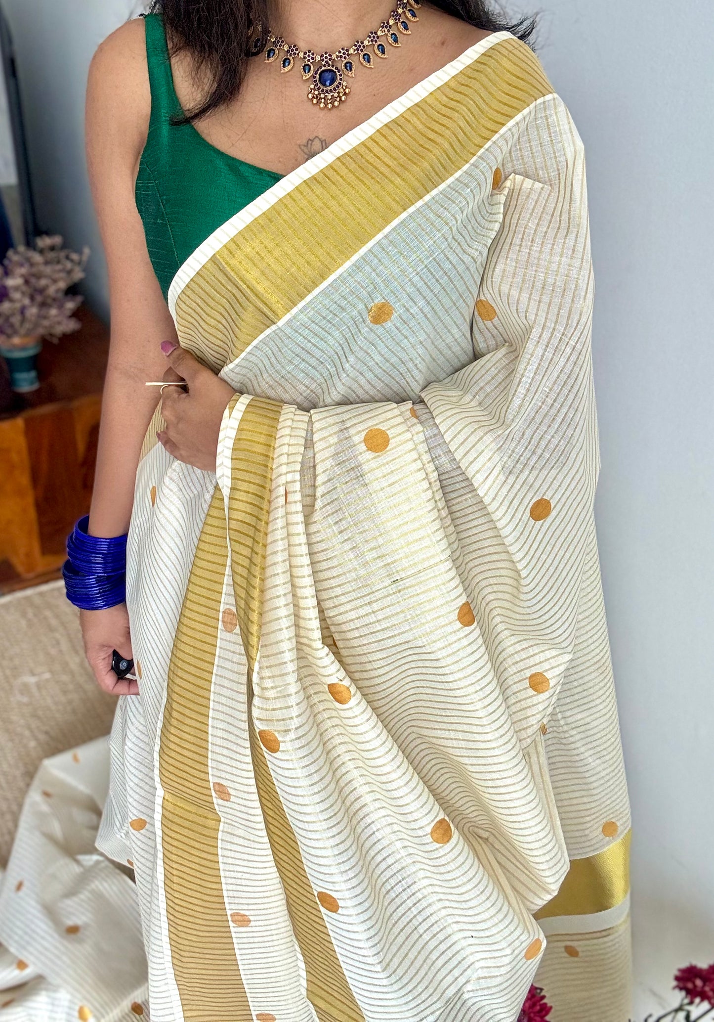 Ivory and gold with polka buttas, striped zari, kerala cotton - YCON25KCSPD77