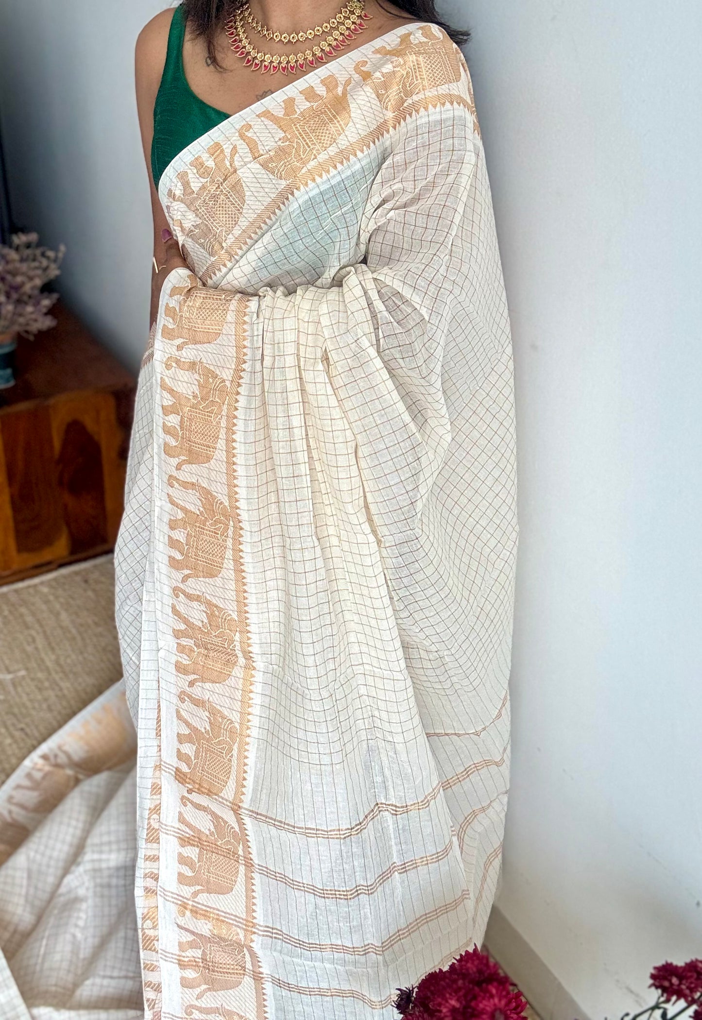 Gaja Rekha - small kattam checks,elephant motif, ivory & gold, soft cotton - YCON25COTN102
