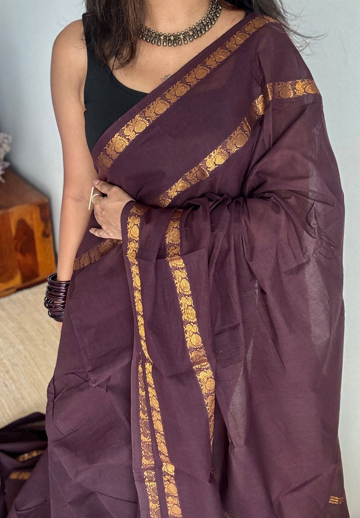 Purple Brown Rettaipettu Peacock double border - Madurai Kattuchayam