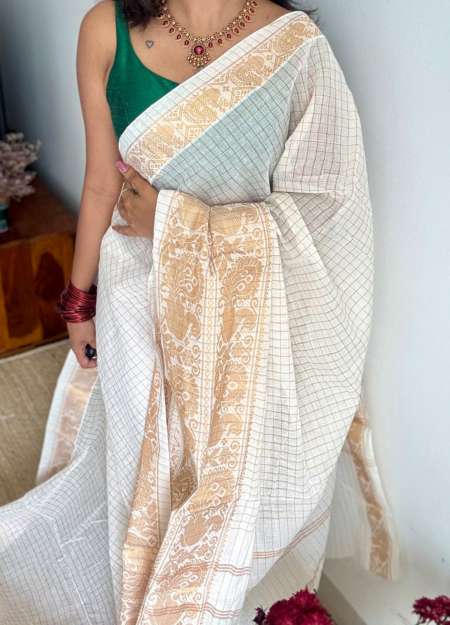 Mayura Rekha - small kattam checks, broad peacock motif, ivory & gold, soft cotton - YCON25COTN90