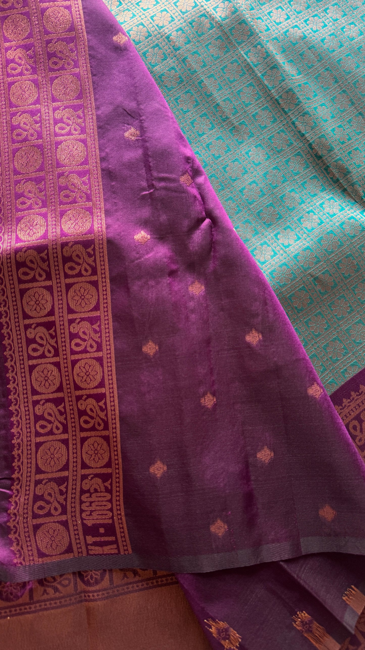 Teal with Purple- Brocade Semi Silk