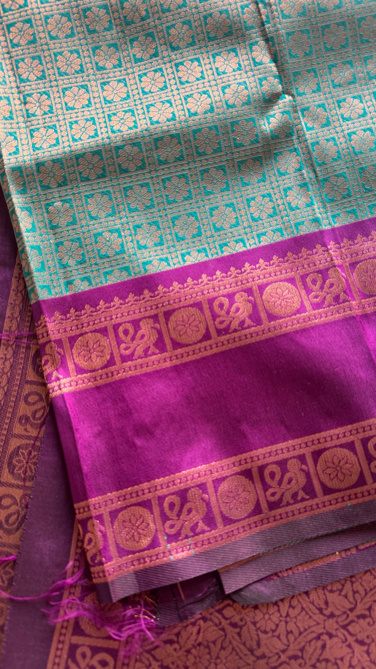 Teal with Purple- Brocade Semi Silk