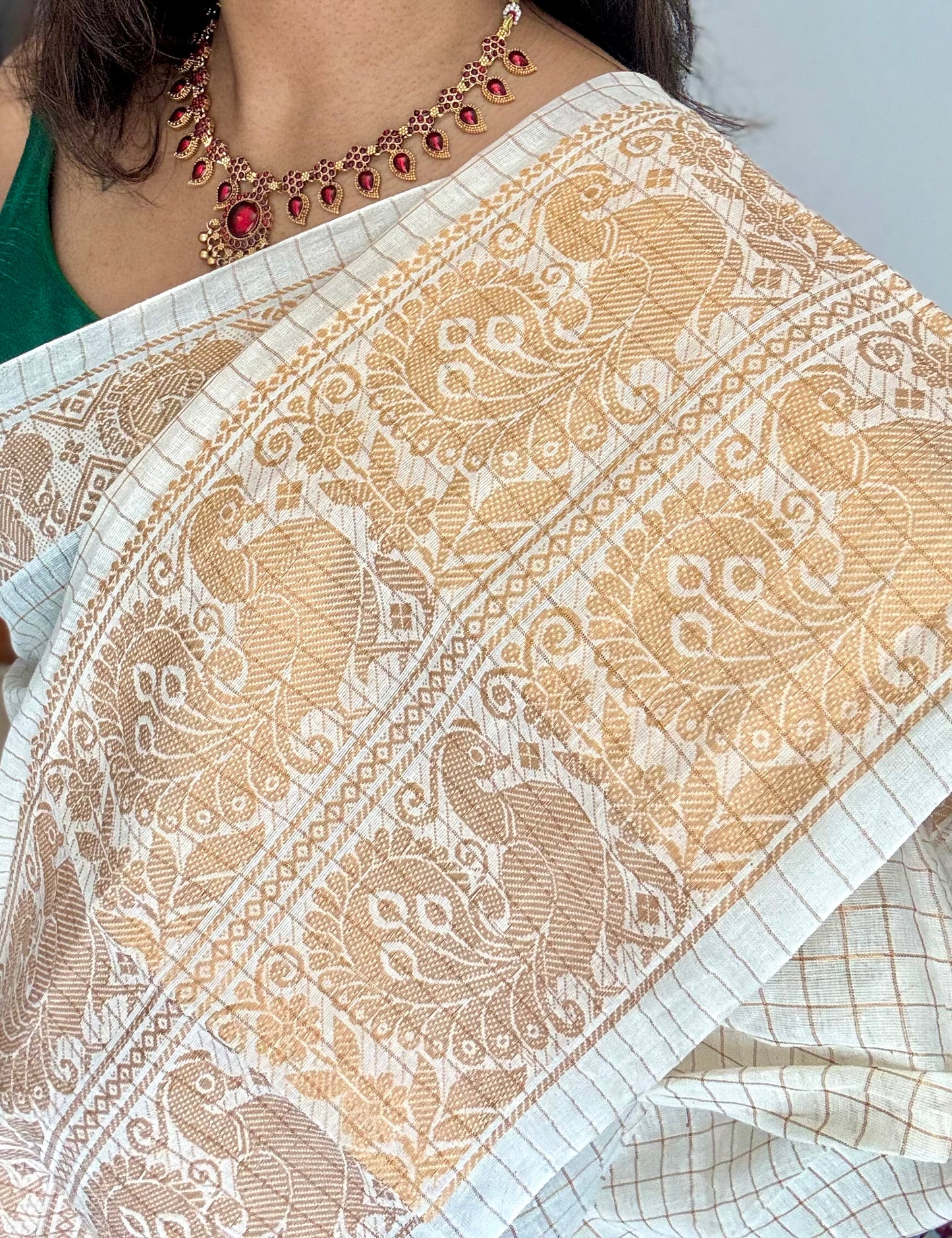 Mayura Rekha - small kattam checks, broad peacock motif, ivory & gold, soft cotton - YCON25COTN90