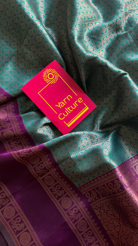 Teal with Purple- Brocade Semi Silk