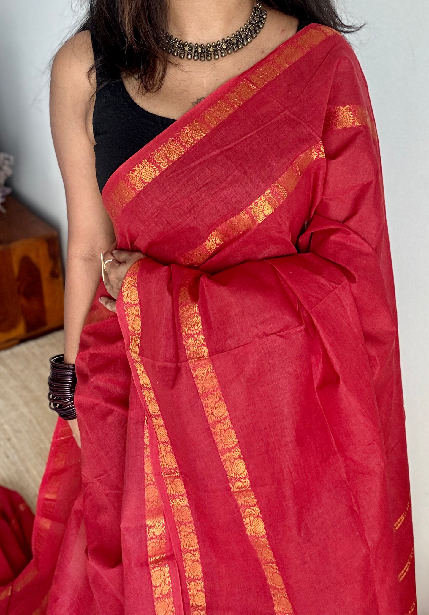 Red Rettaipettu Peacock double border - Madurai Kattuchayam - YCPER19