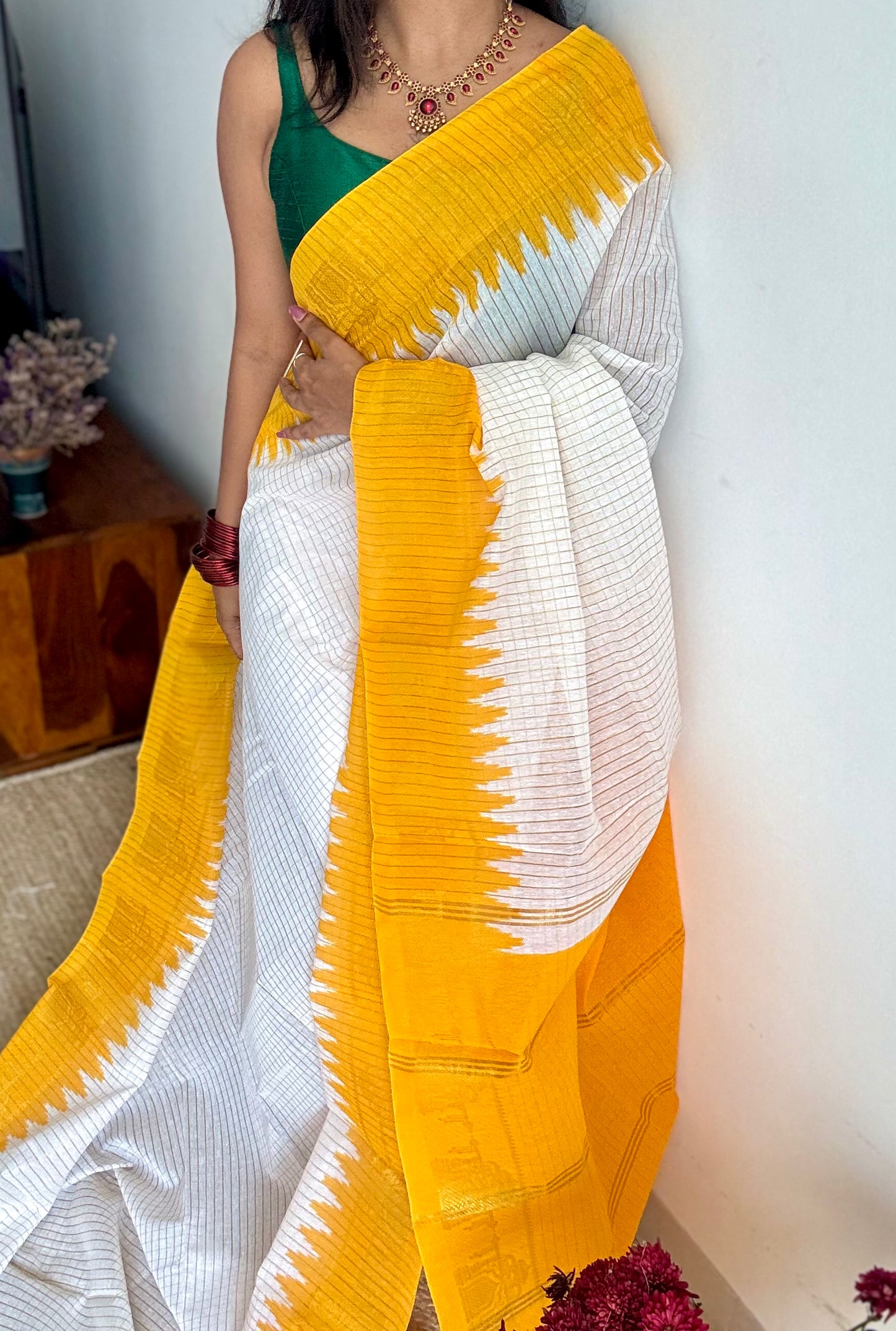 Yellow - Yellow - sungudi cotton checks, ivory gold base, soft cotton - YCON25COTN96