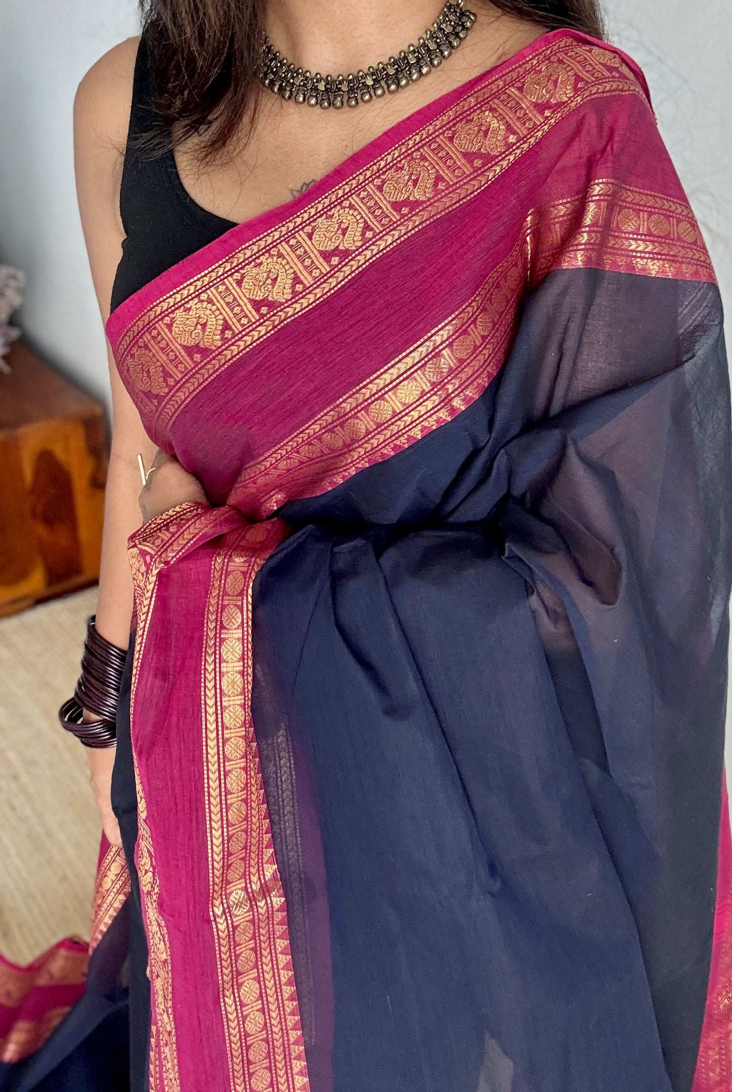 Dark blue with dark pink contrast - Kanchi Cotton - YCCOTNKC02