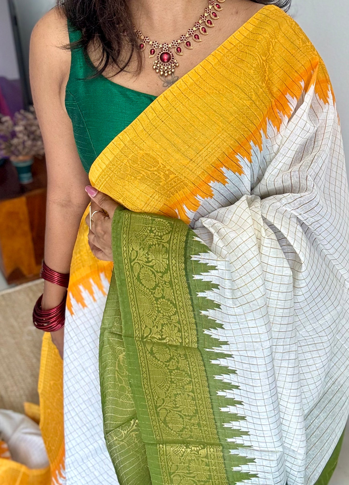 Green - Yellow - sungudi cotton checks, ivory gold base, soft cotton - YCON25COTN98