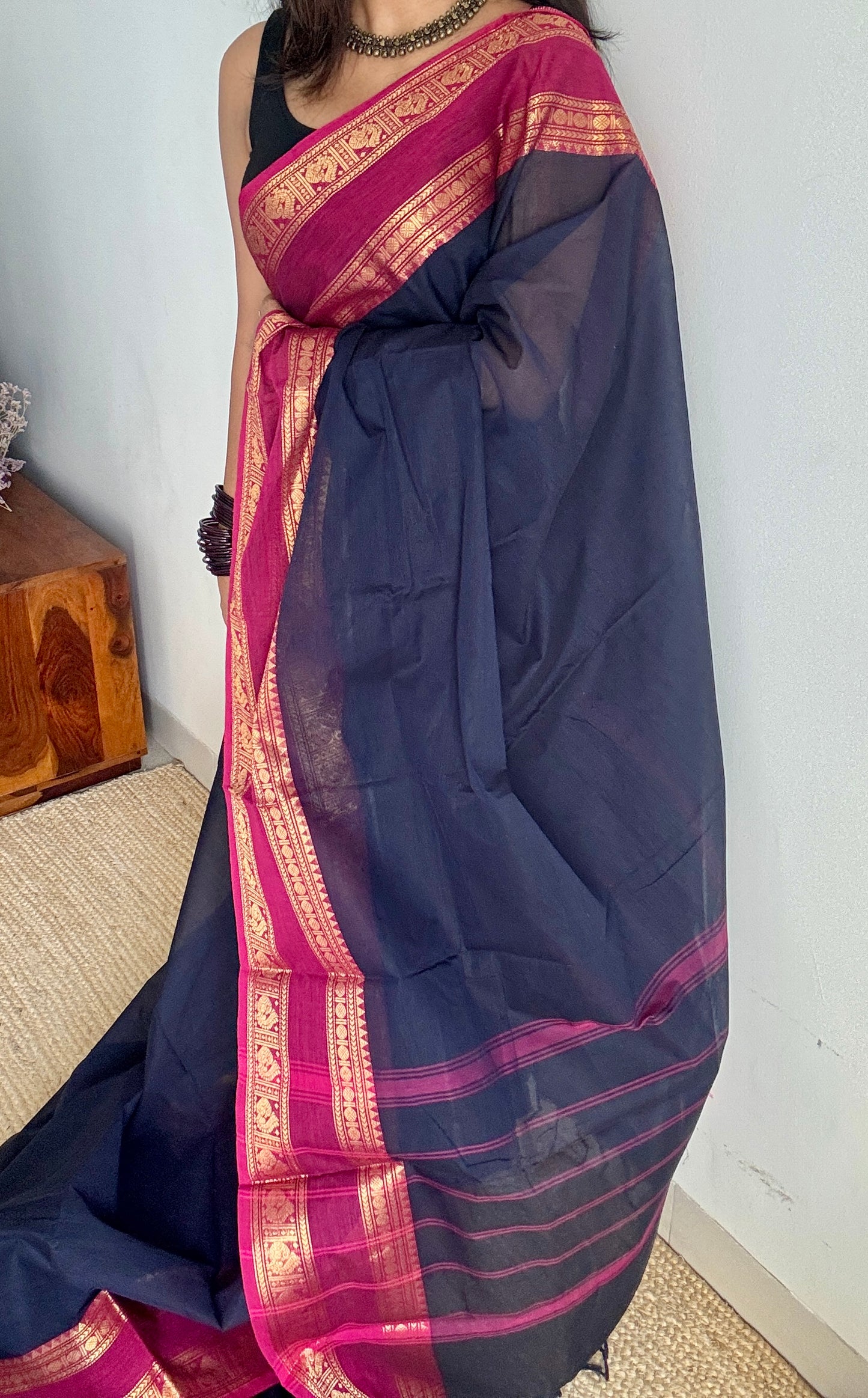 Dark blue with dark pink contrast - Kanchi Cotton - YCCOTNKC02