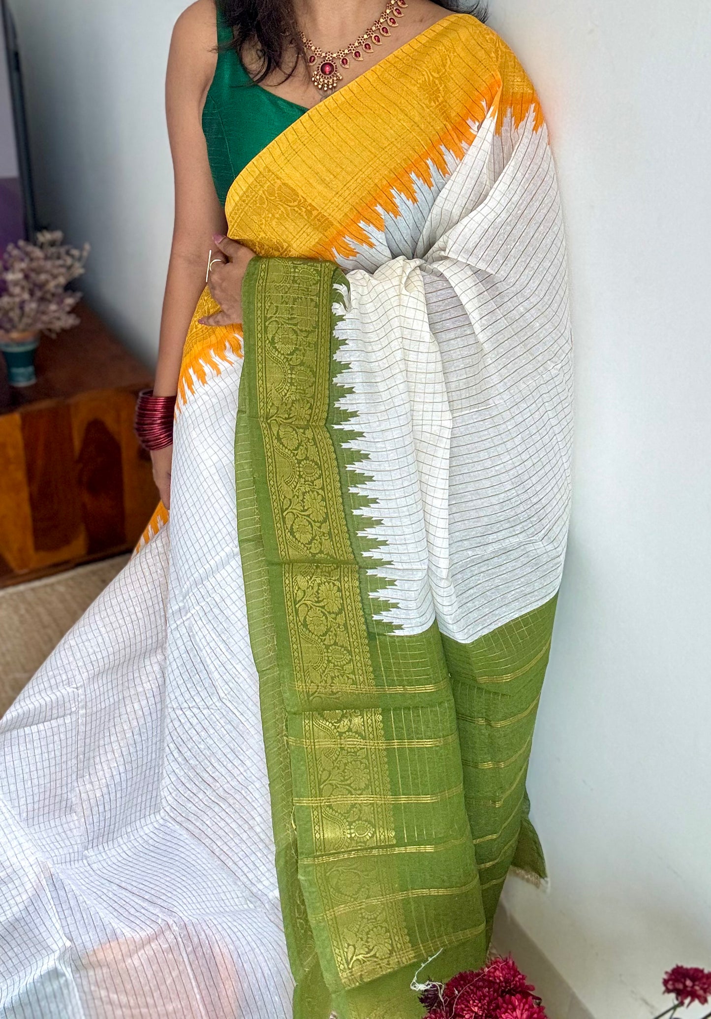 Green - Yellow - sungudi cotton checks, ivory gold base, soft cotton - YCON25COTN98