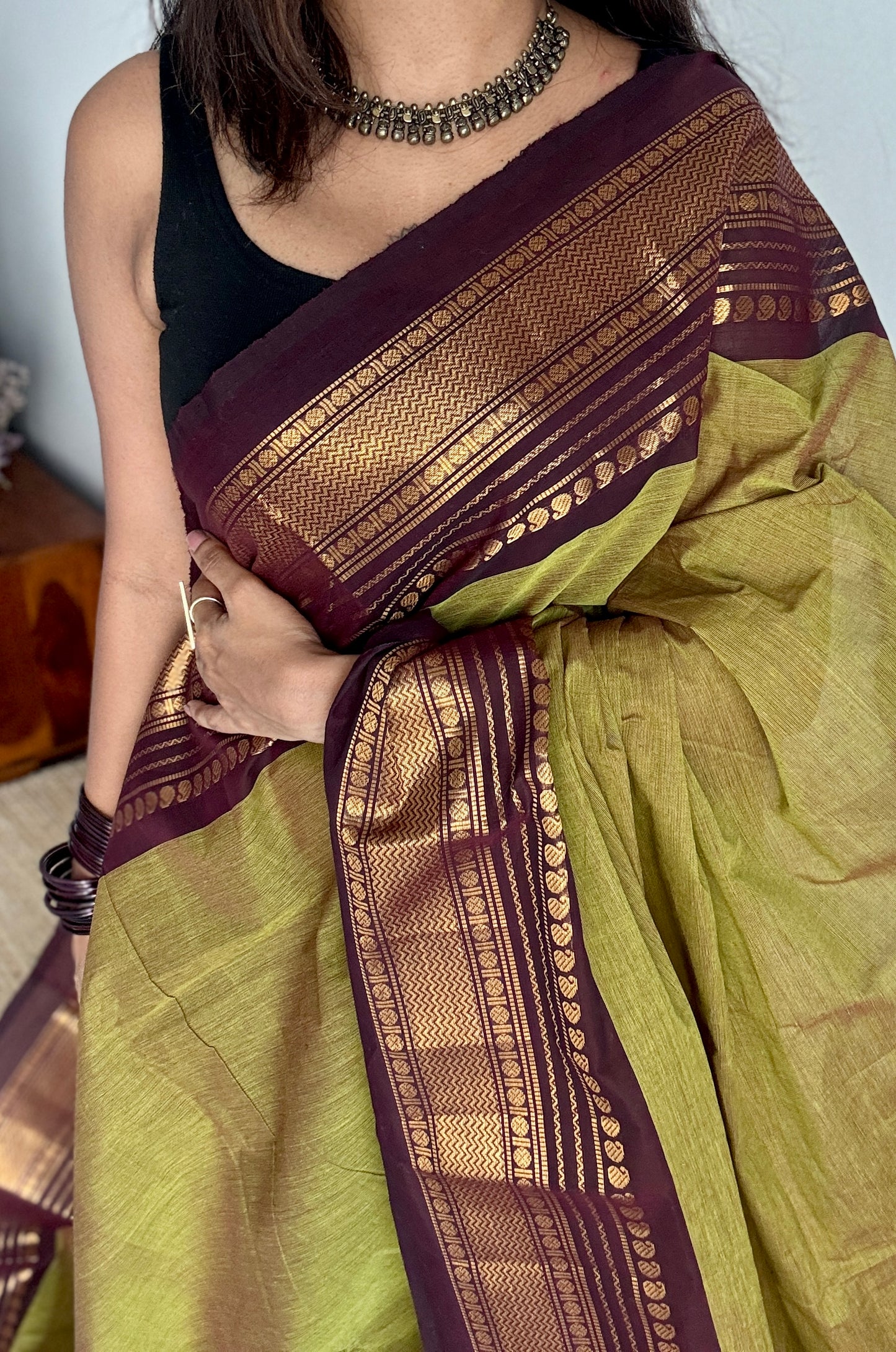 Lemon ginger green with purple brown contrast - Kanchi Cotton