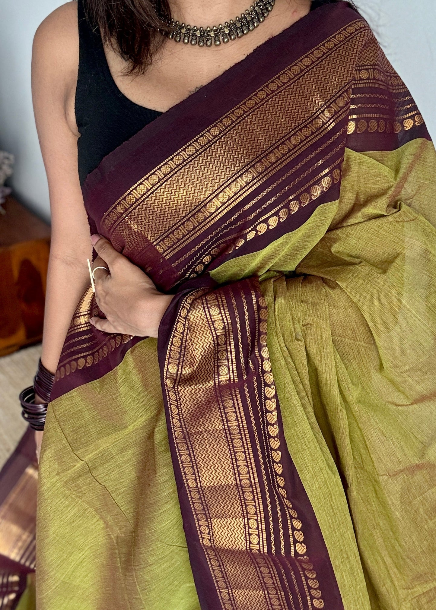 Lemon ginger green with purple brown contrast - Kanchi Cotton