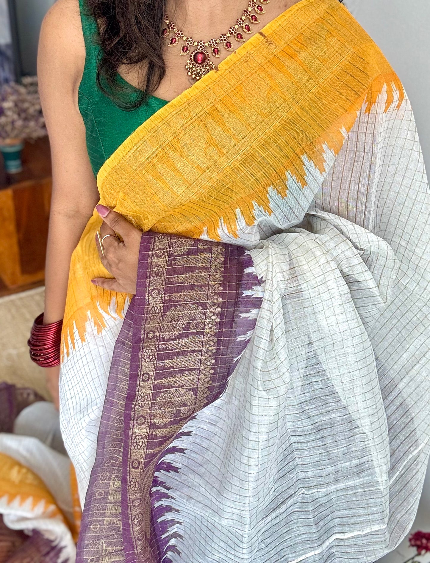Dark Violet Yellow - sungudi cotton checks, ivory gold base, soft cotton - YCON25COTN95