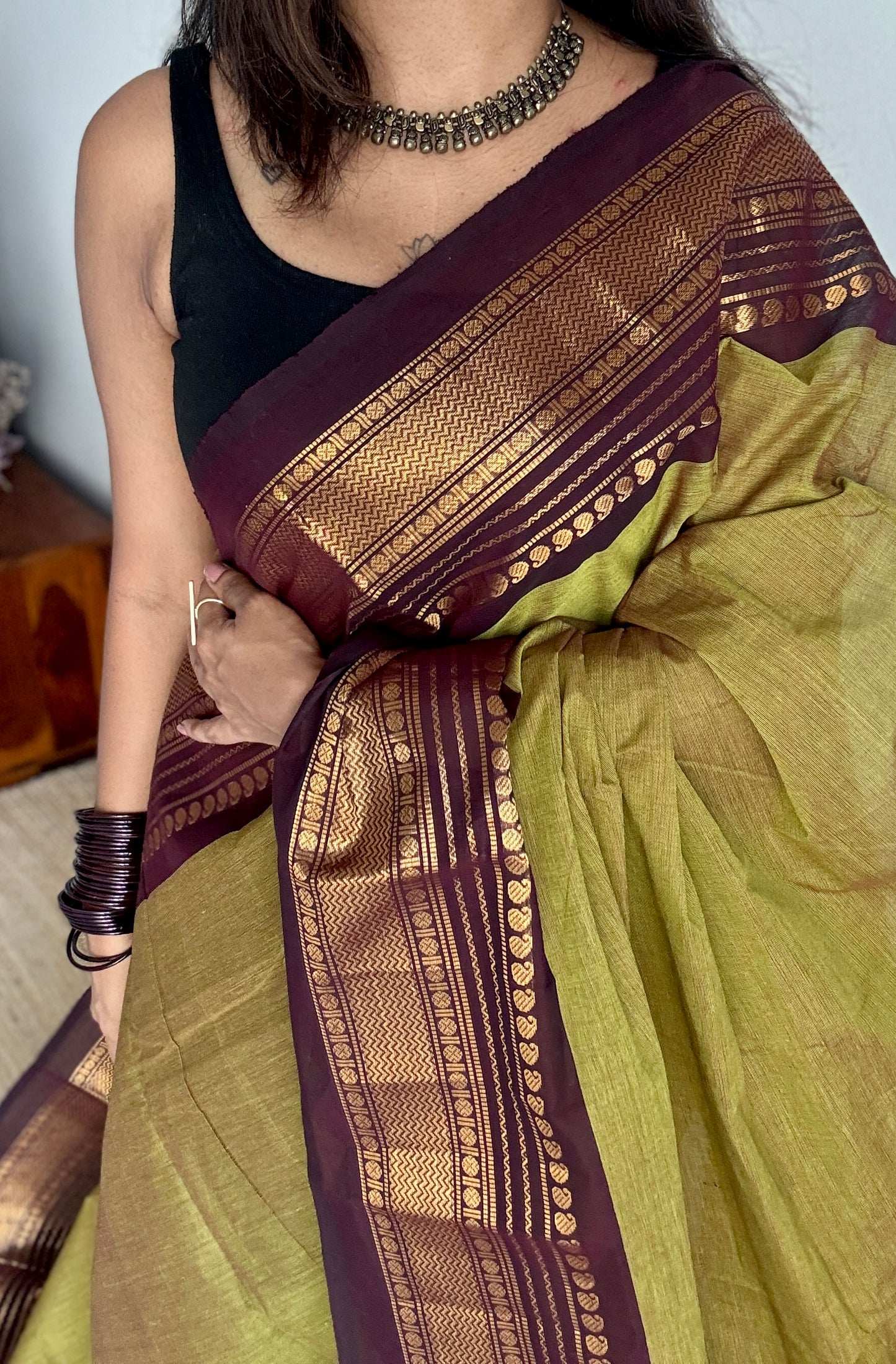 Lemon ginger green with purple brown contrast - Kanchi Cotton