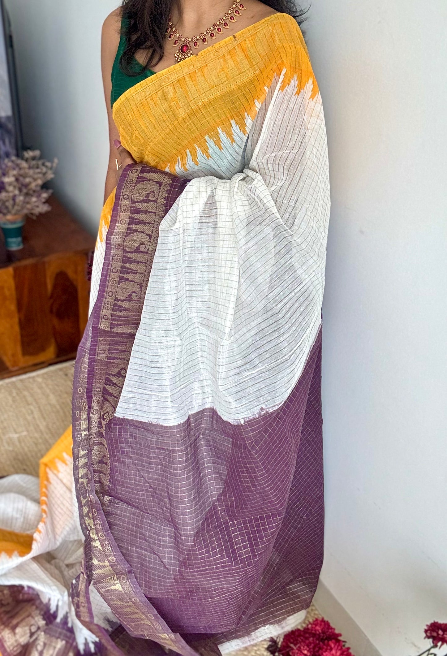 Dark Violet Yellow - sungudi cotton checks, ivory gold base, soft cotton - YCON25COTN95