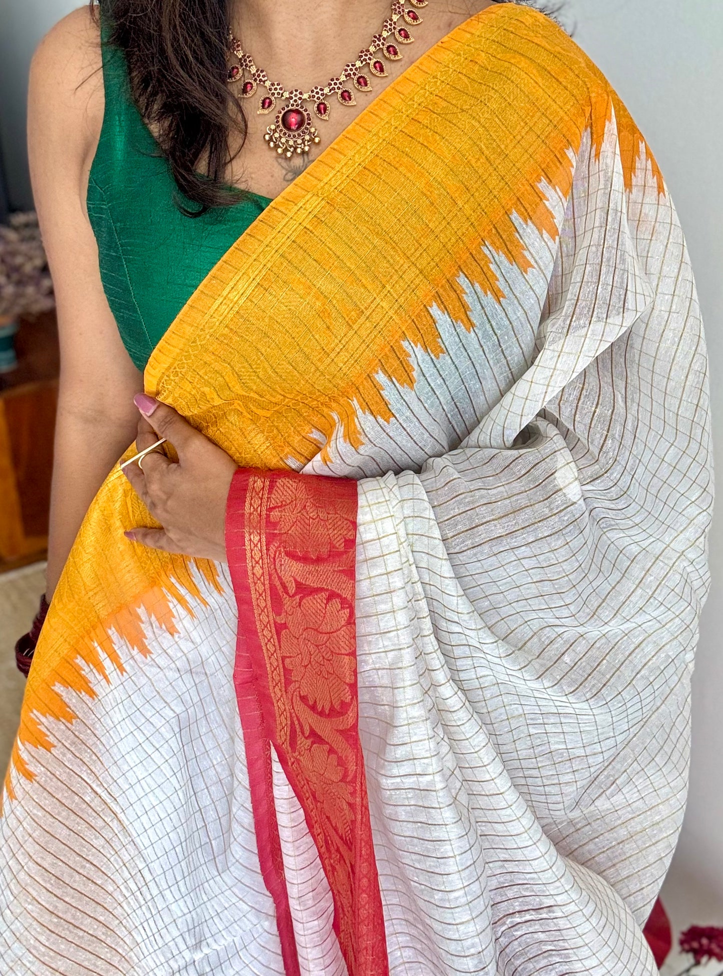 Chilli Red - Yellow - sungudi cotton checks, ivory gold base, soft cotton - YCON25COTN99