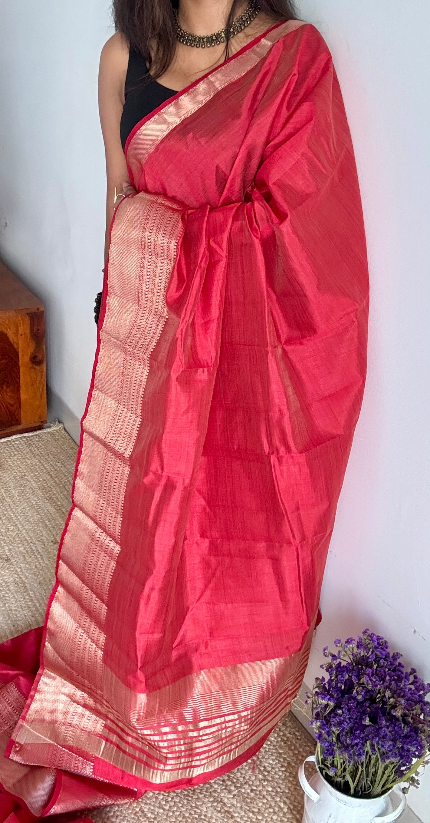 Red with antique gold zari - Semi Raw Silk - YCRT06