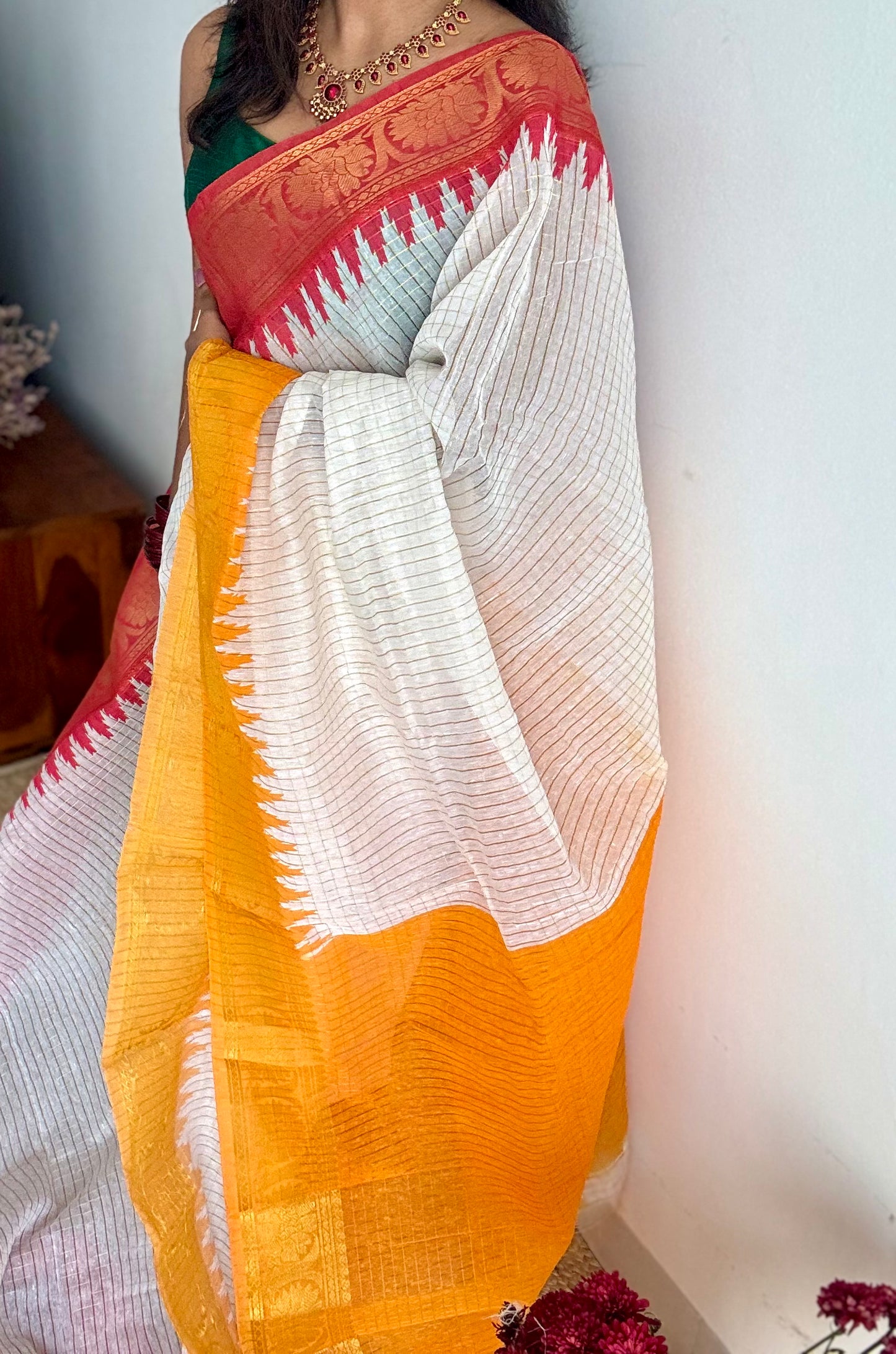Chilli Red - Yellow - sungudi cotton checks, ivory gold base, soft cotton - YCON25COTN99