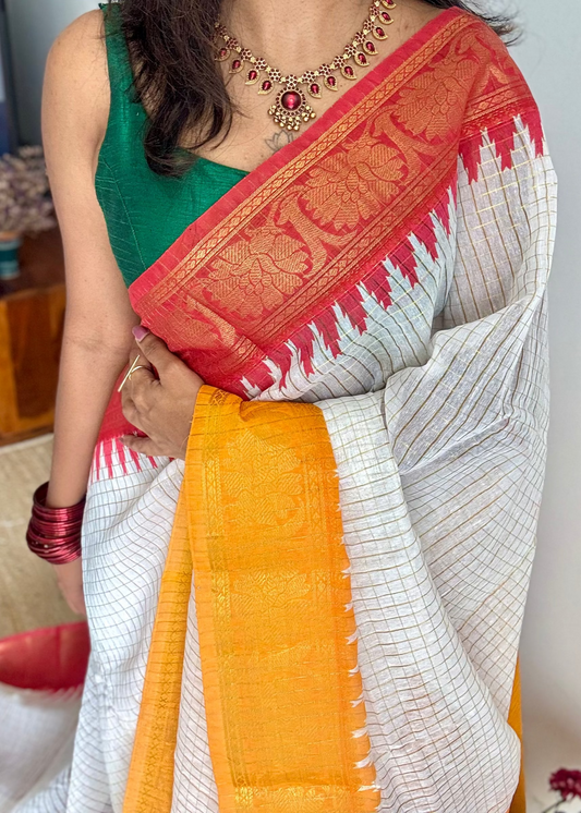 Chilli Red - Yellow - sungudi cotton checks, ivory gold base, soft cotton - YCON25COTN99