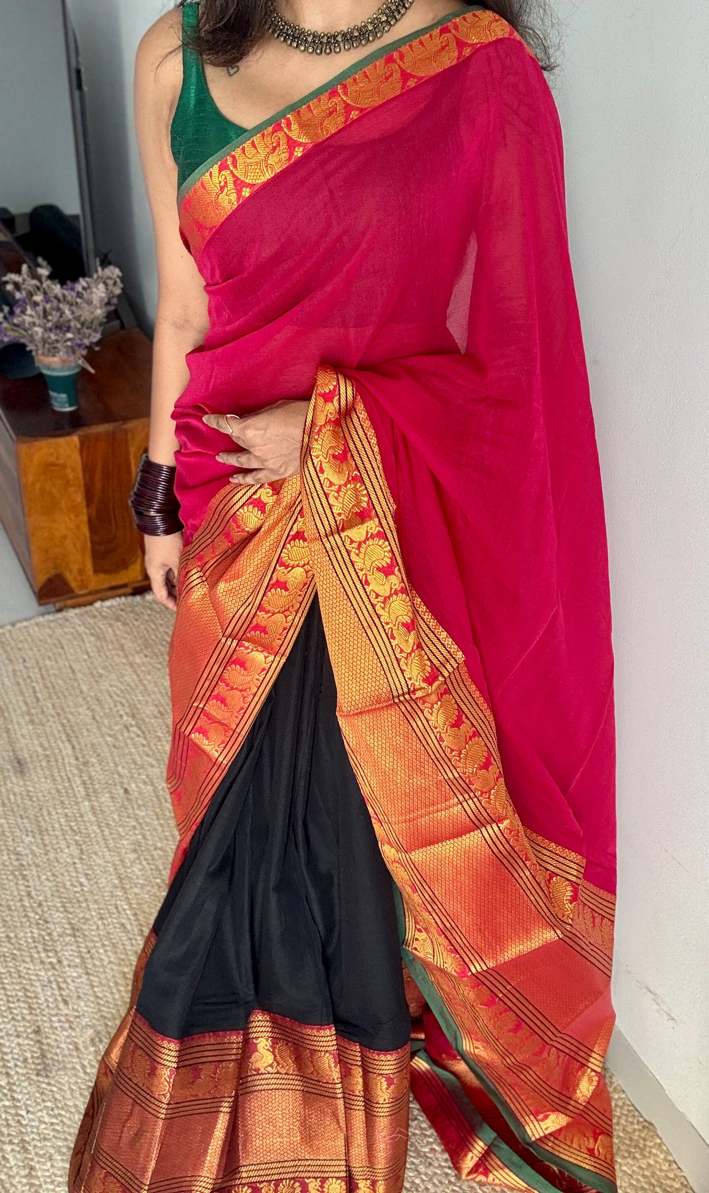 Black - dark pink Narayanpet half saree, unstitched material, soft cotton YCAHSN01