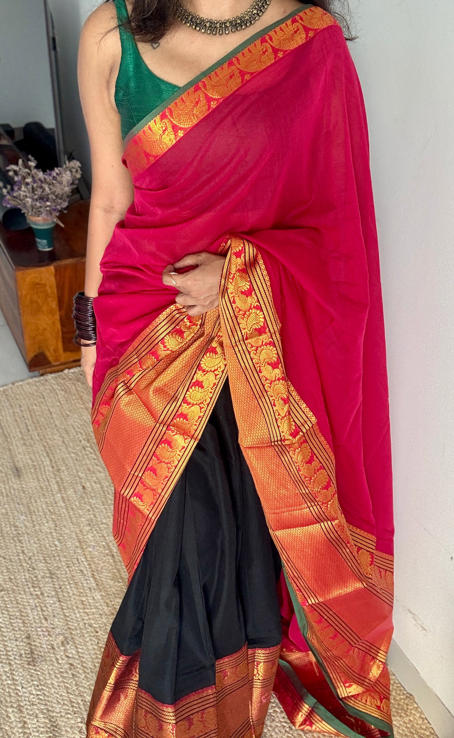 Black - dark pink Narayanpet half saree, unstitched material, soft cotton YCAHSN01